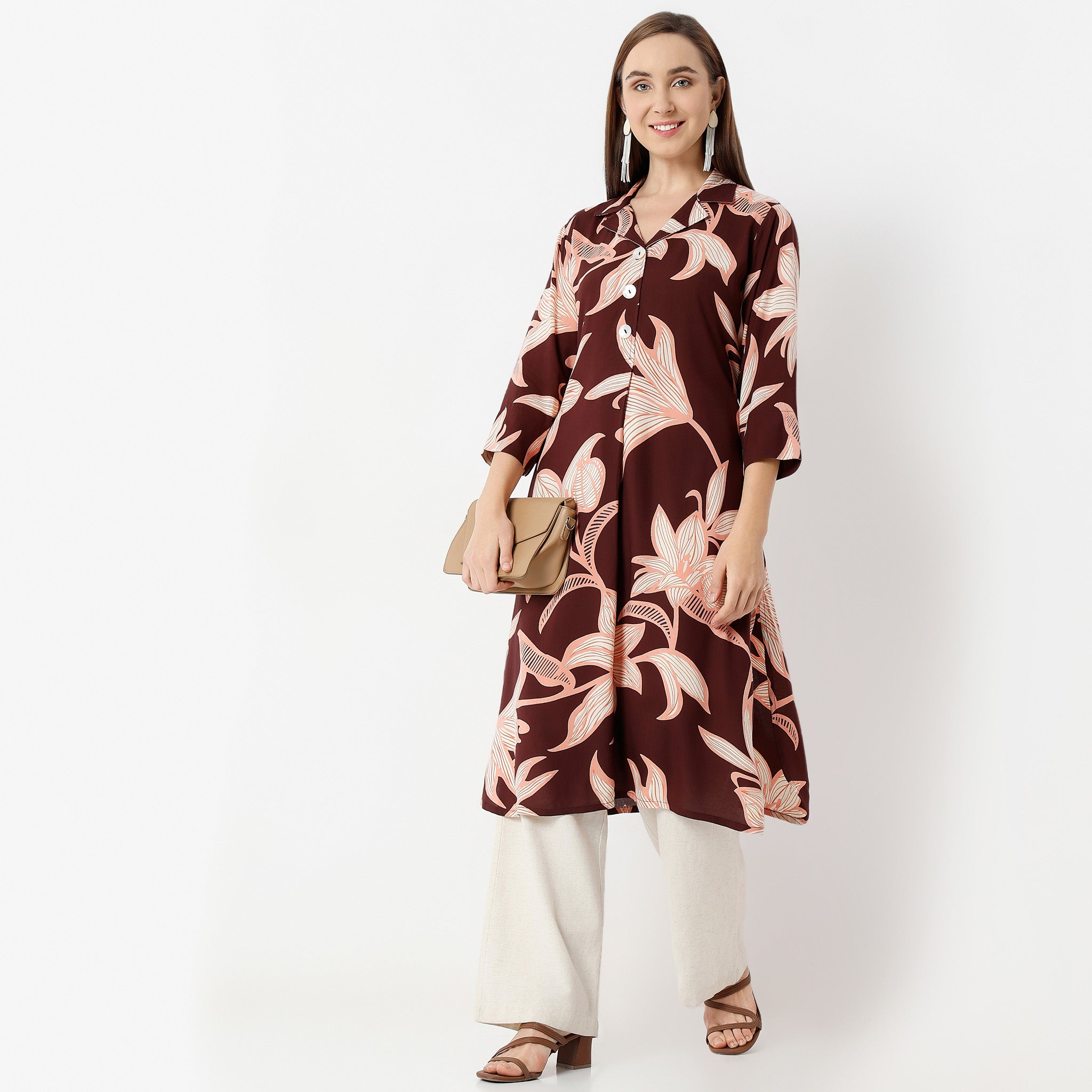 Straight Fit Printed Lapel Collar Kurta