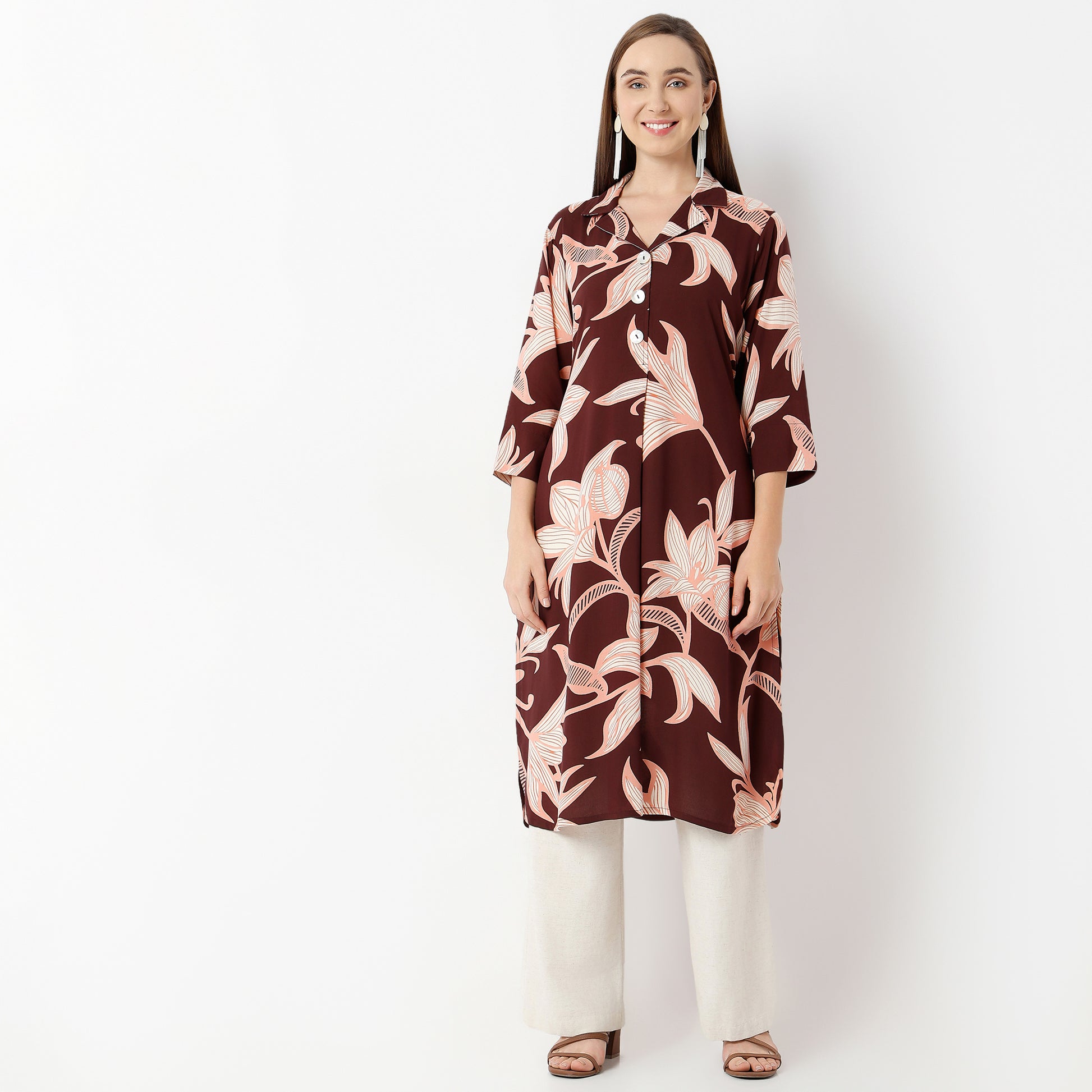 Straight Fit Printed Lapel Collar Kurta