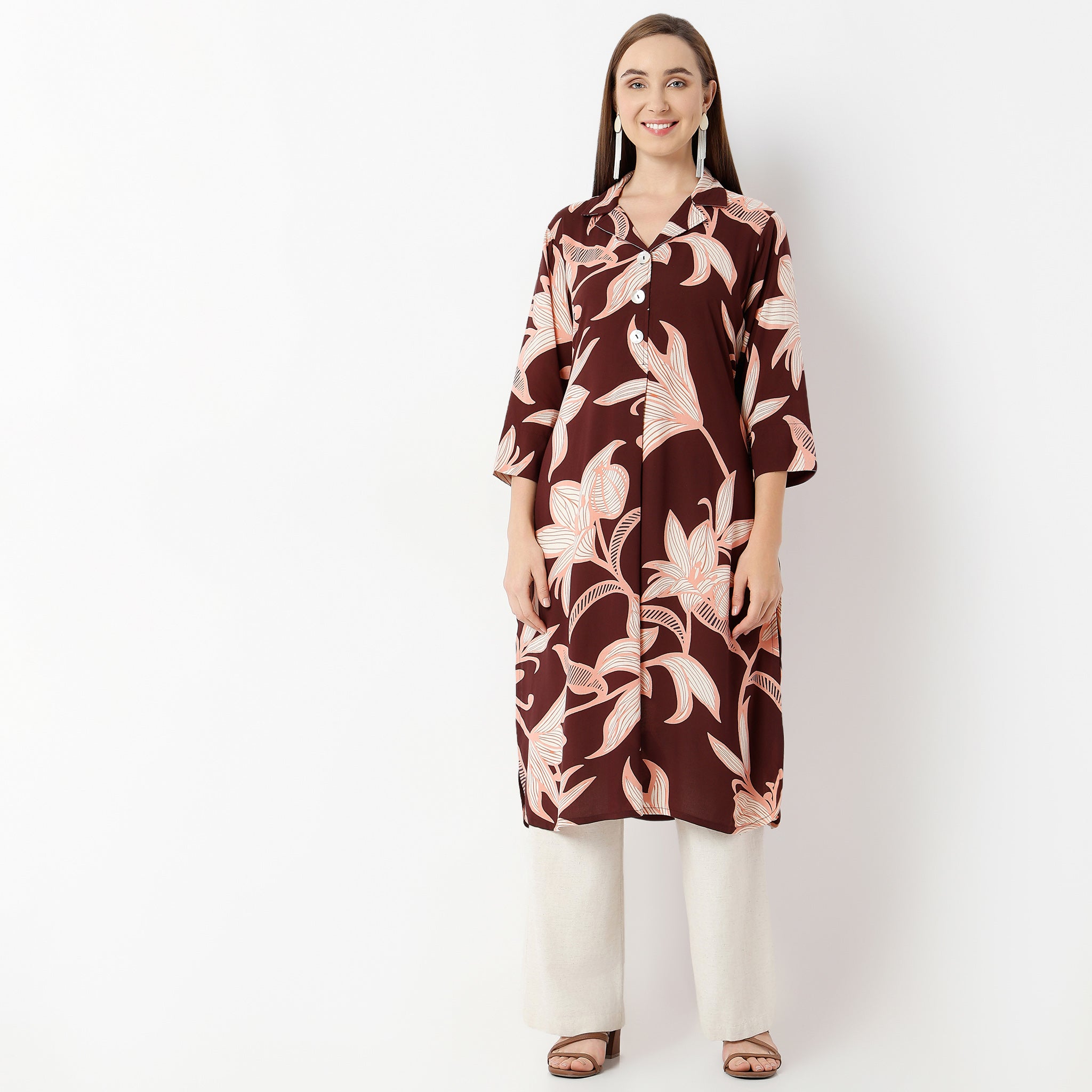 Straight Fit Printed Lapel Collar Kurta