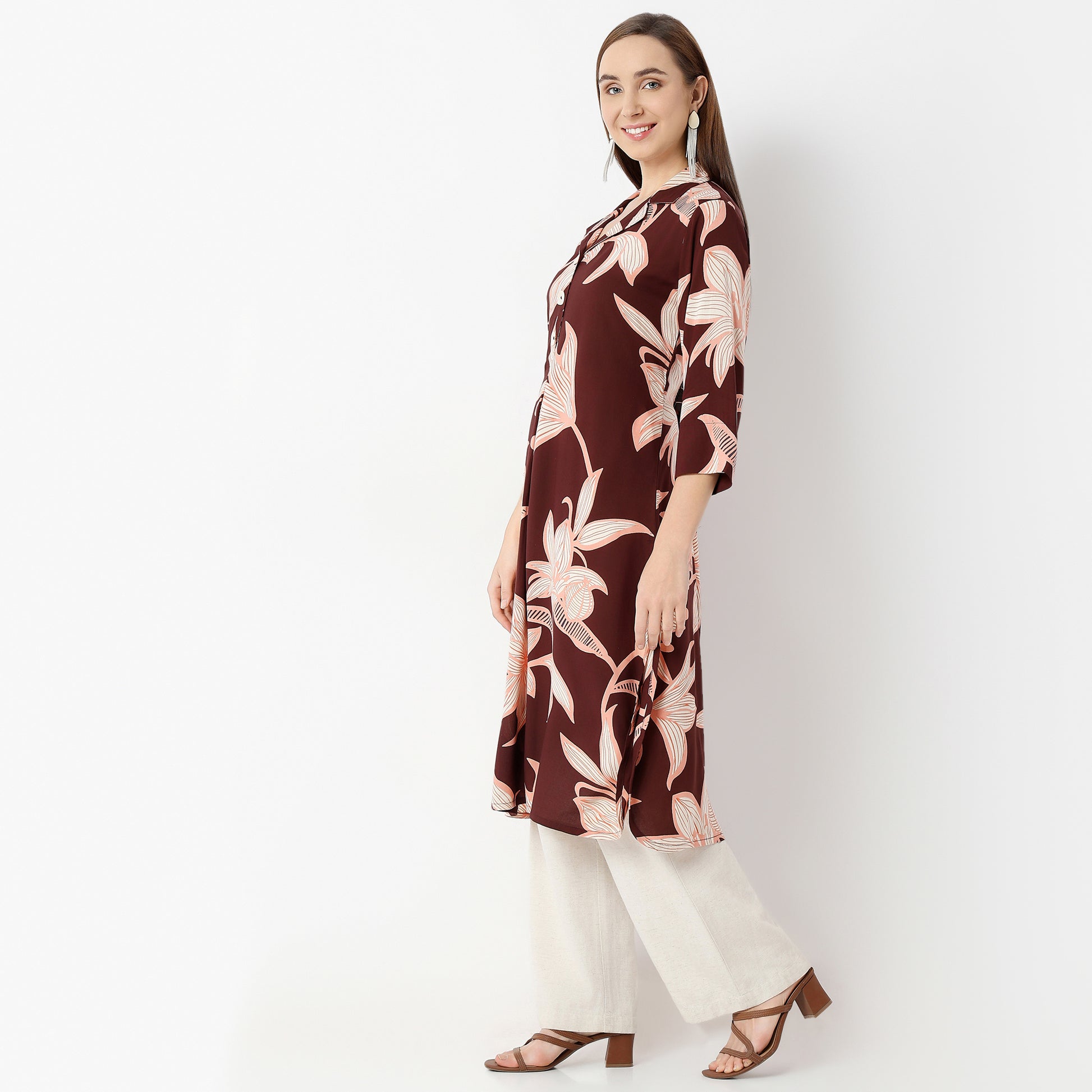 Straight Fit Printed Lapel Collar Kurta