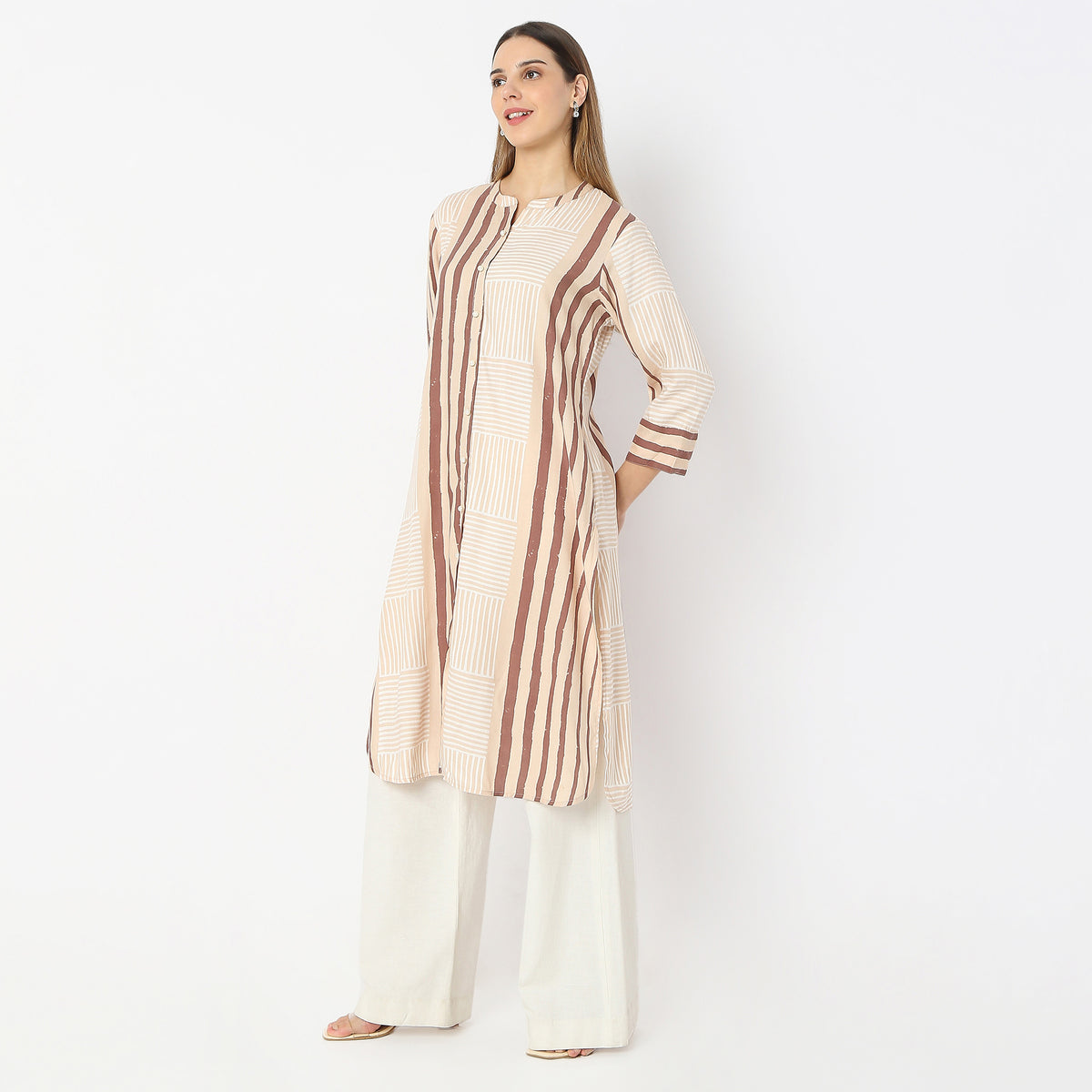 Printed Below Knee Straight Fit Band Collar Kurta