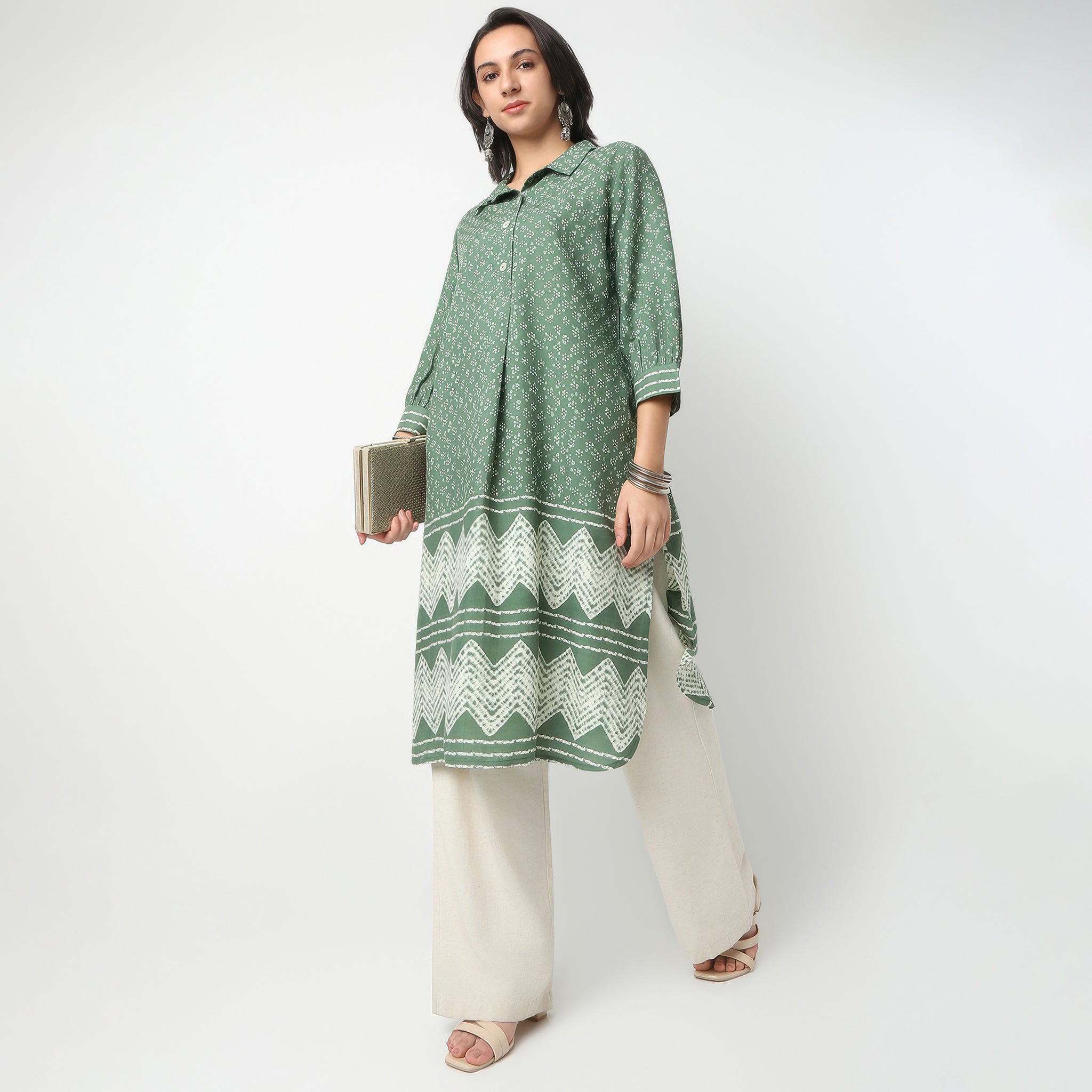 Straight Fit Printed Shirt Collar Kurta