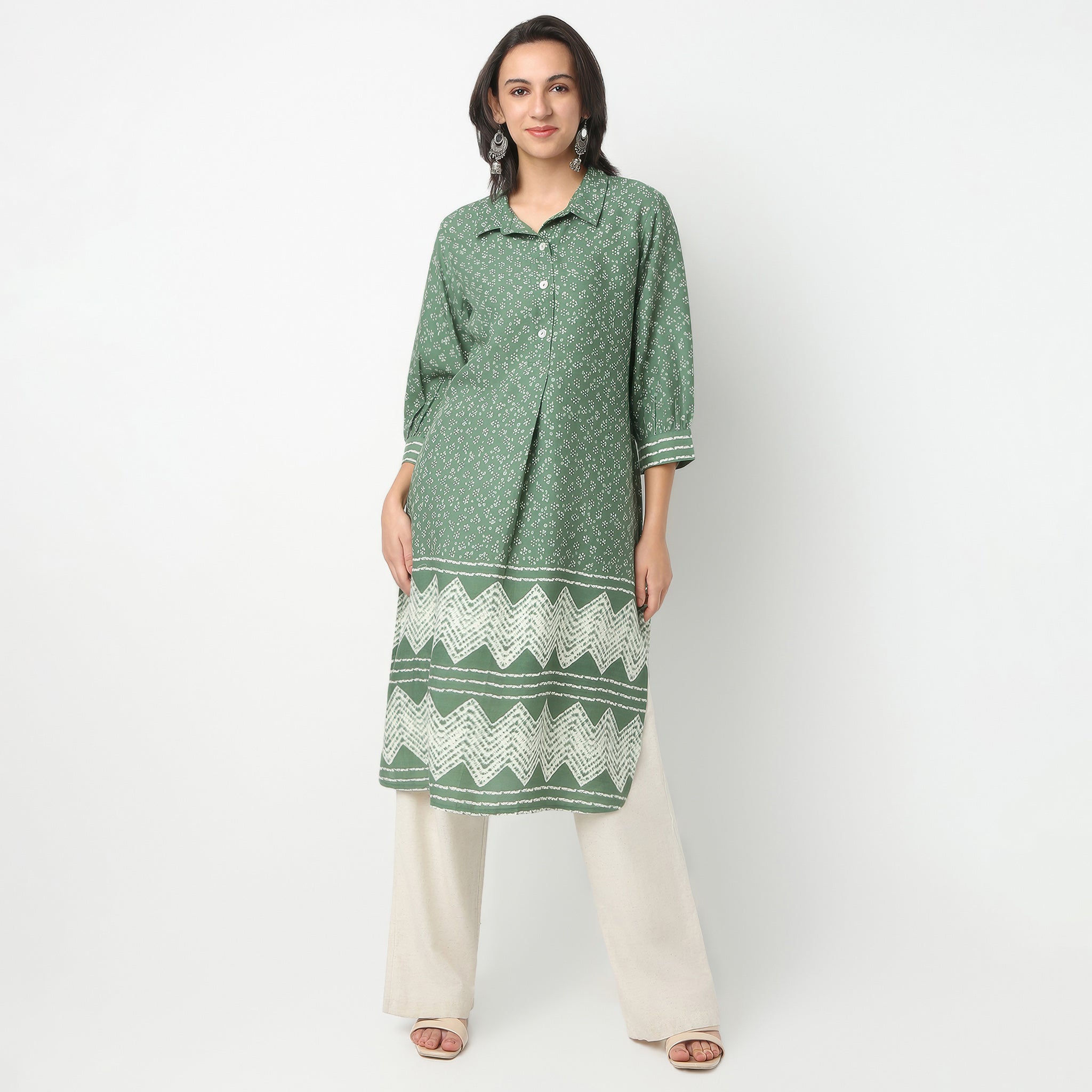 Straight Fit Printed Shirt Collar Kurta