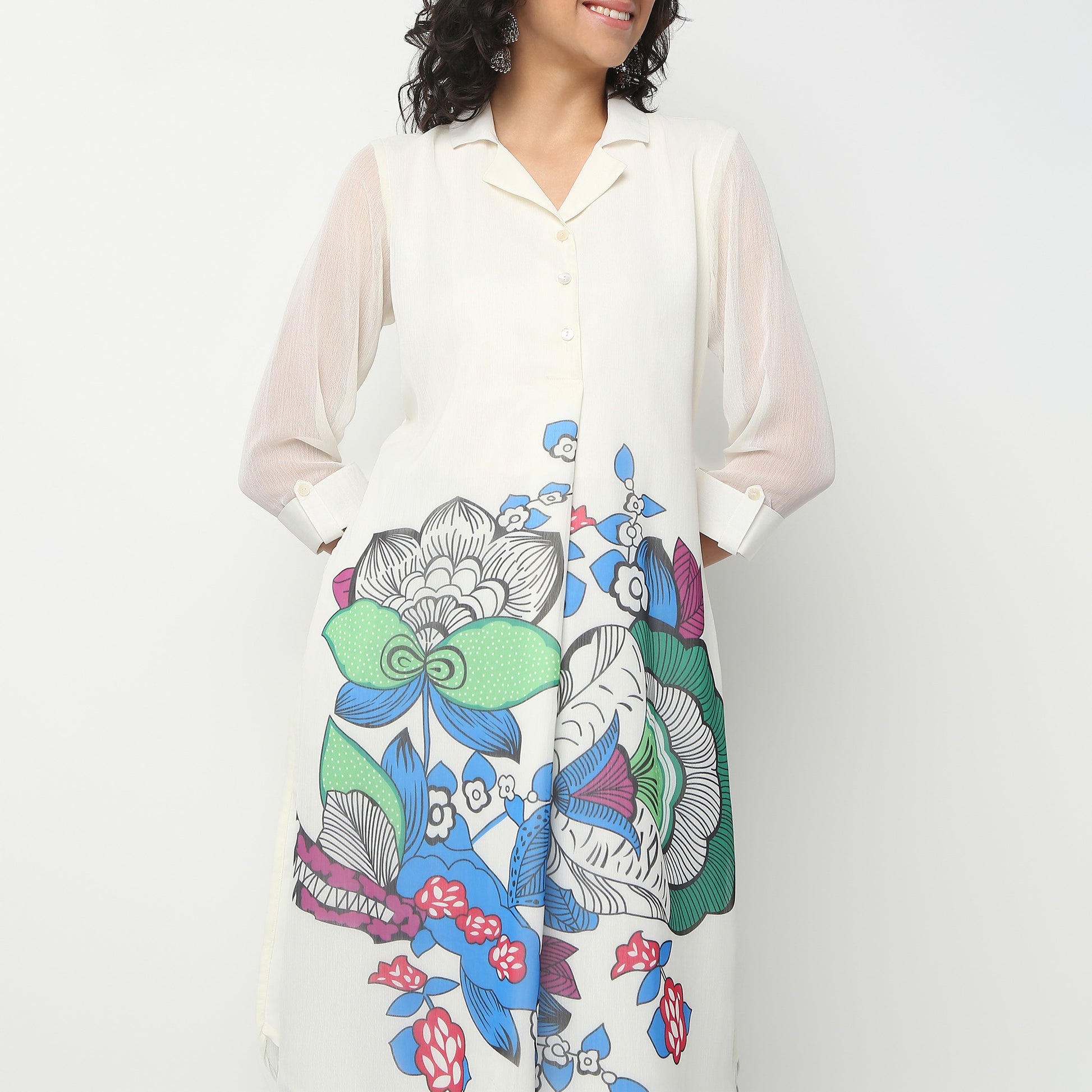 Camp Collar Knee Length Three-Fourth Sleeve Straight Fit Printed Kurta