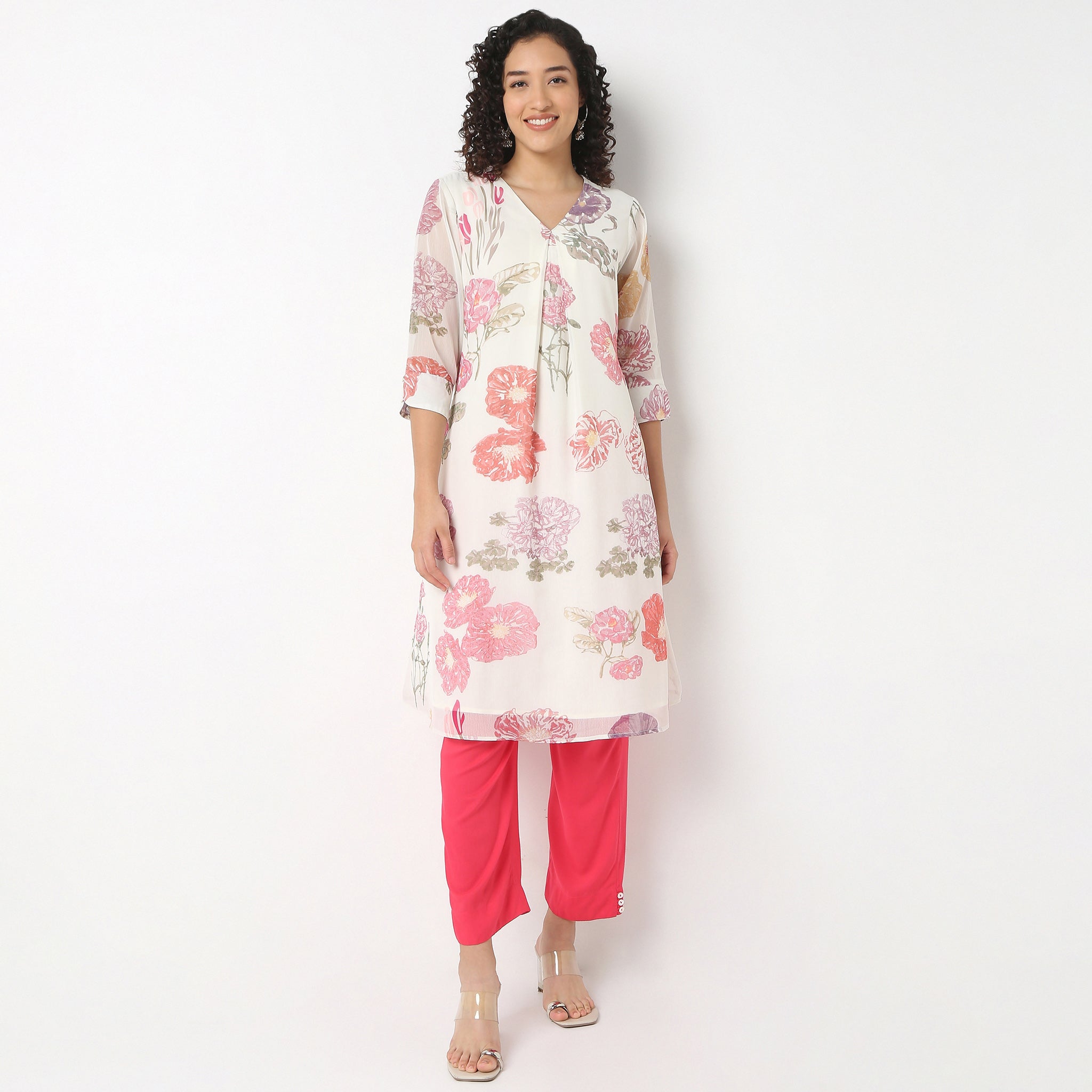 V-Neck Printed Below Knee Straight Kurta