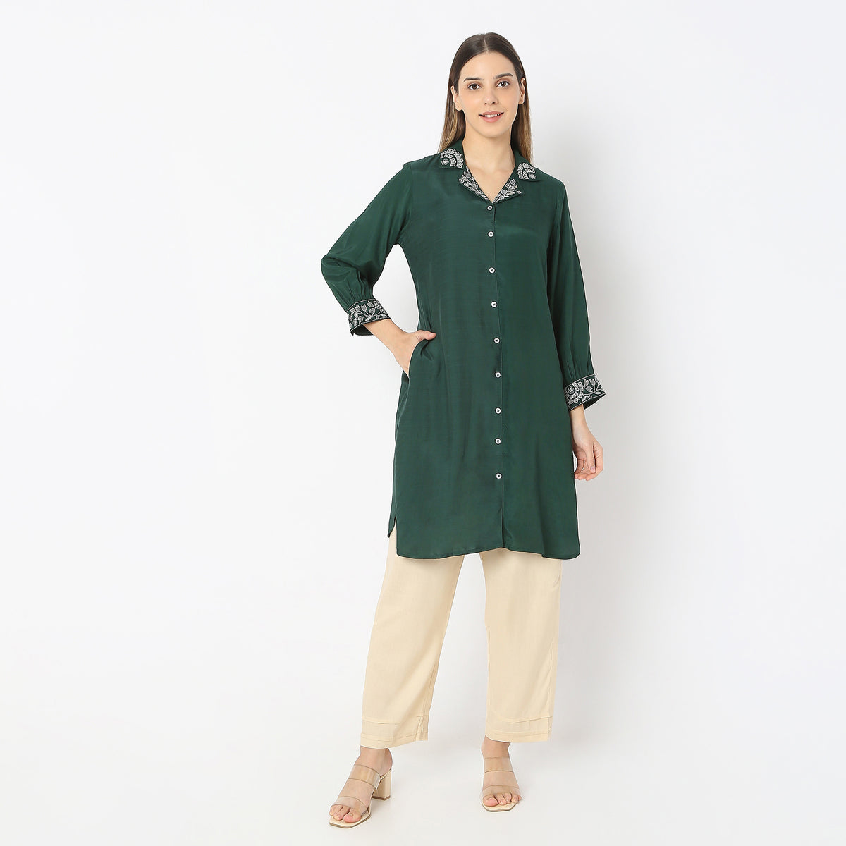 Straight Fit Embroidered Above Knee Camp Collar Kurta