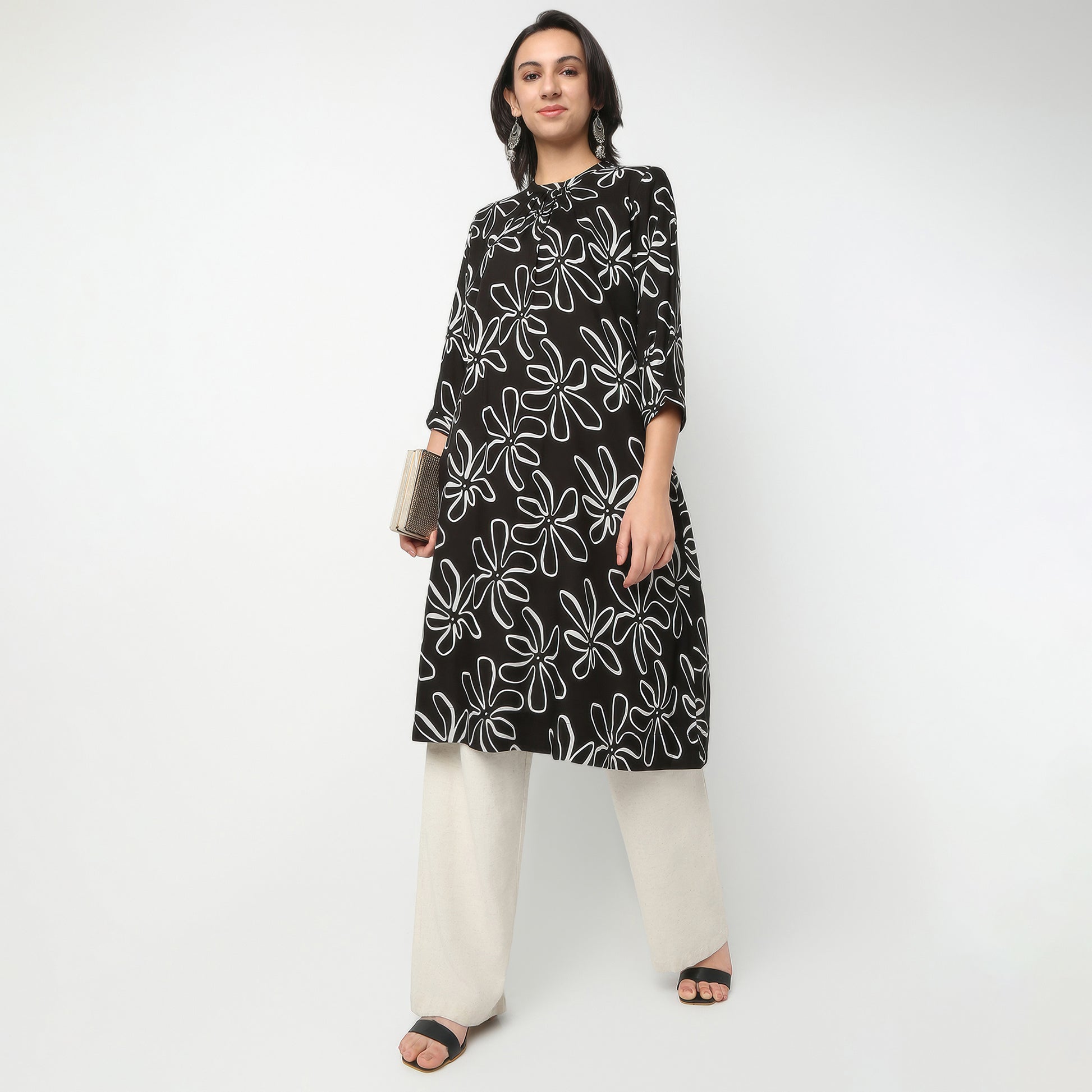 Straight Fit Printed Band Neck Kurta
