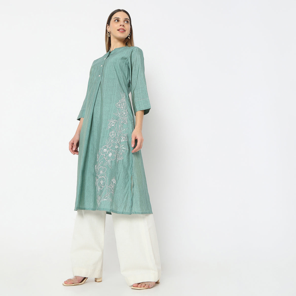 Below Knee Band Collar Embroidered A-Line Kurta