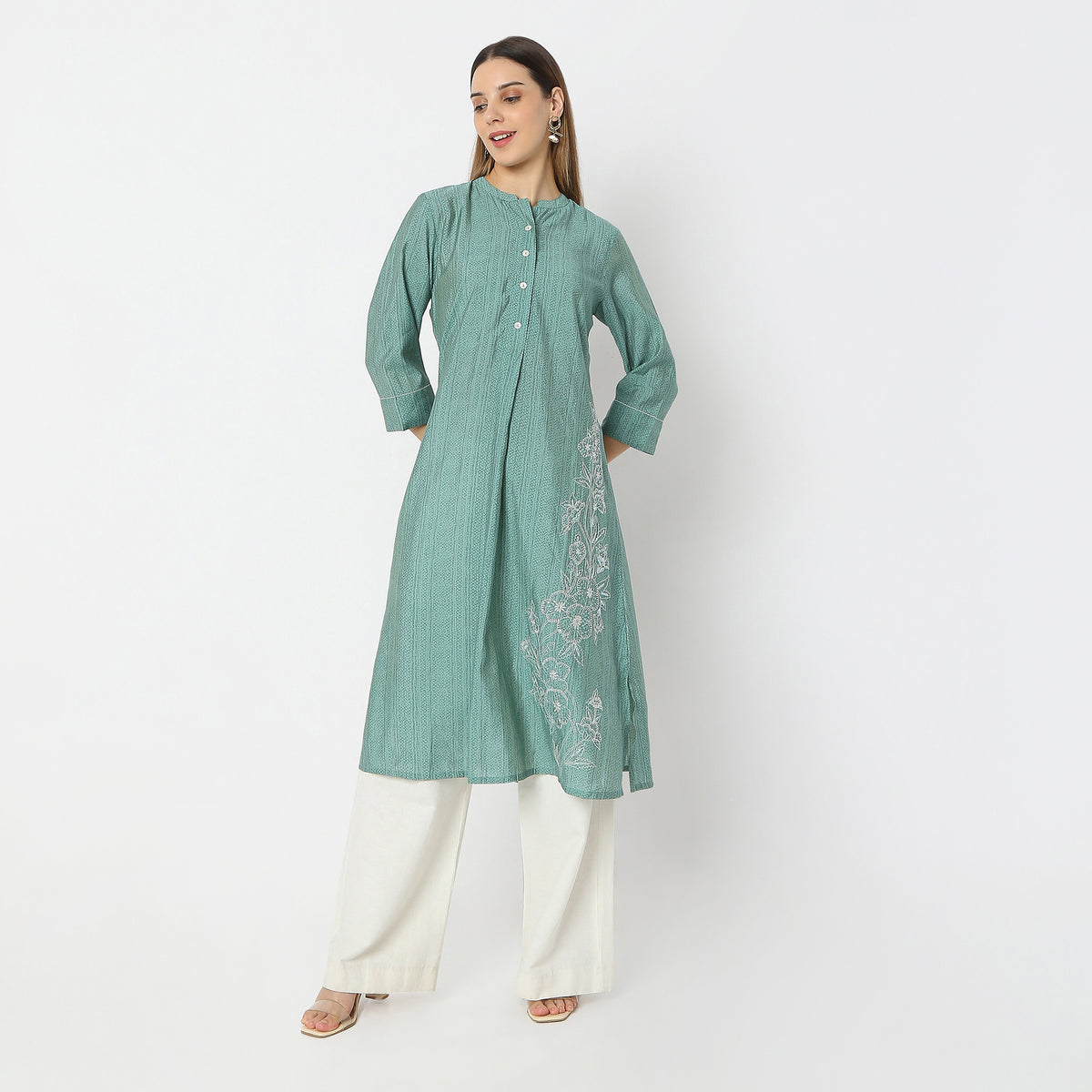 Below Knee Band Collar Embroidered A-Line Kurta