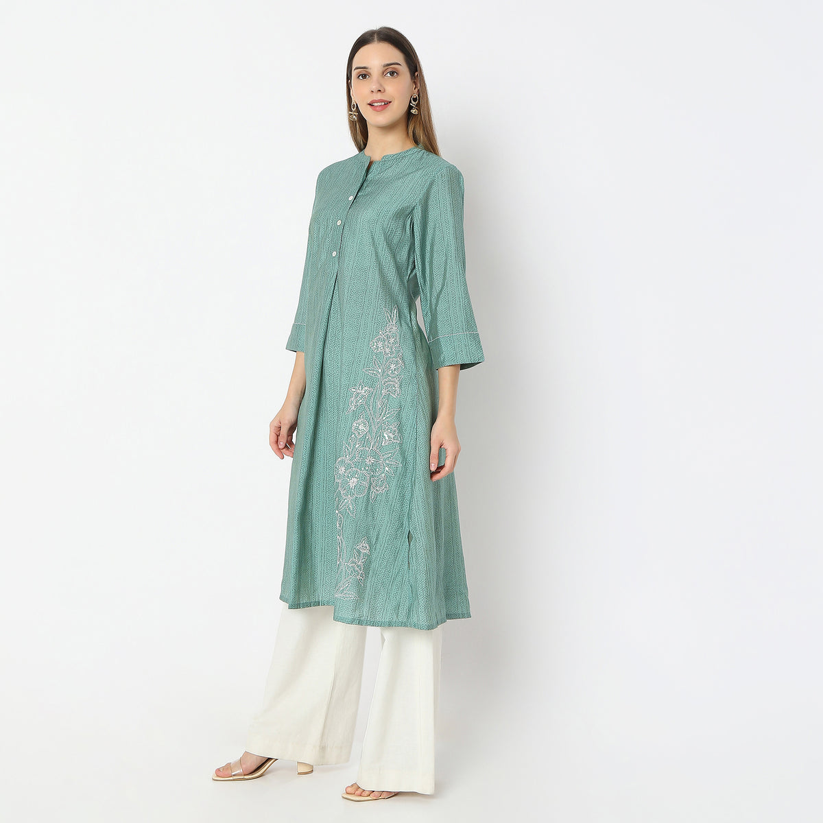 Below Knee Band Collar Embroidered A-Line Kurta