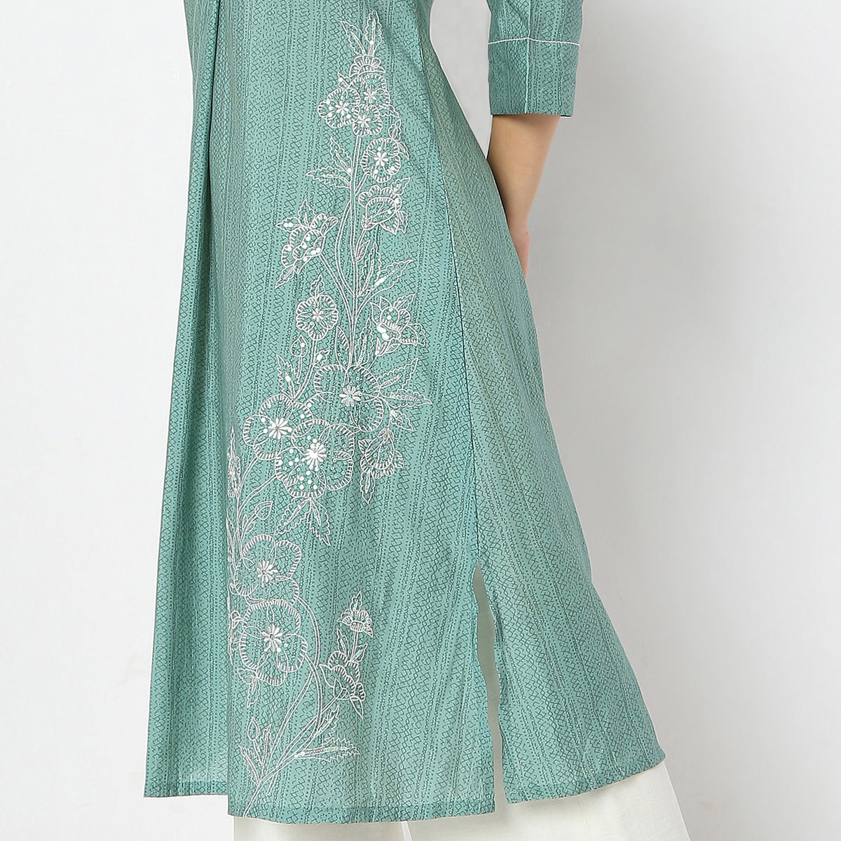 Below Knee Band Collar Embroidered A-Line Kurta