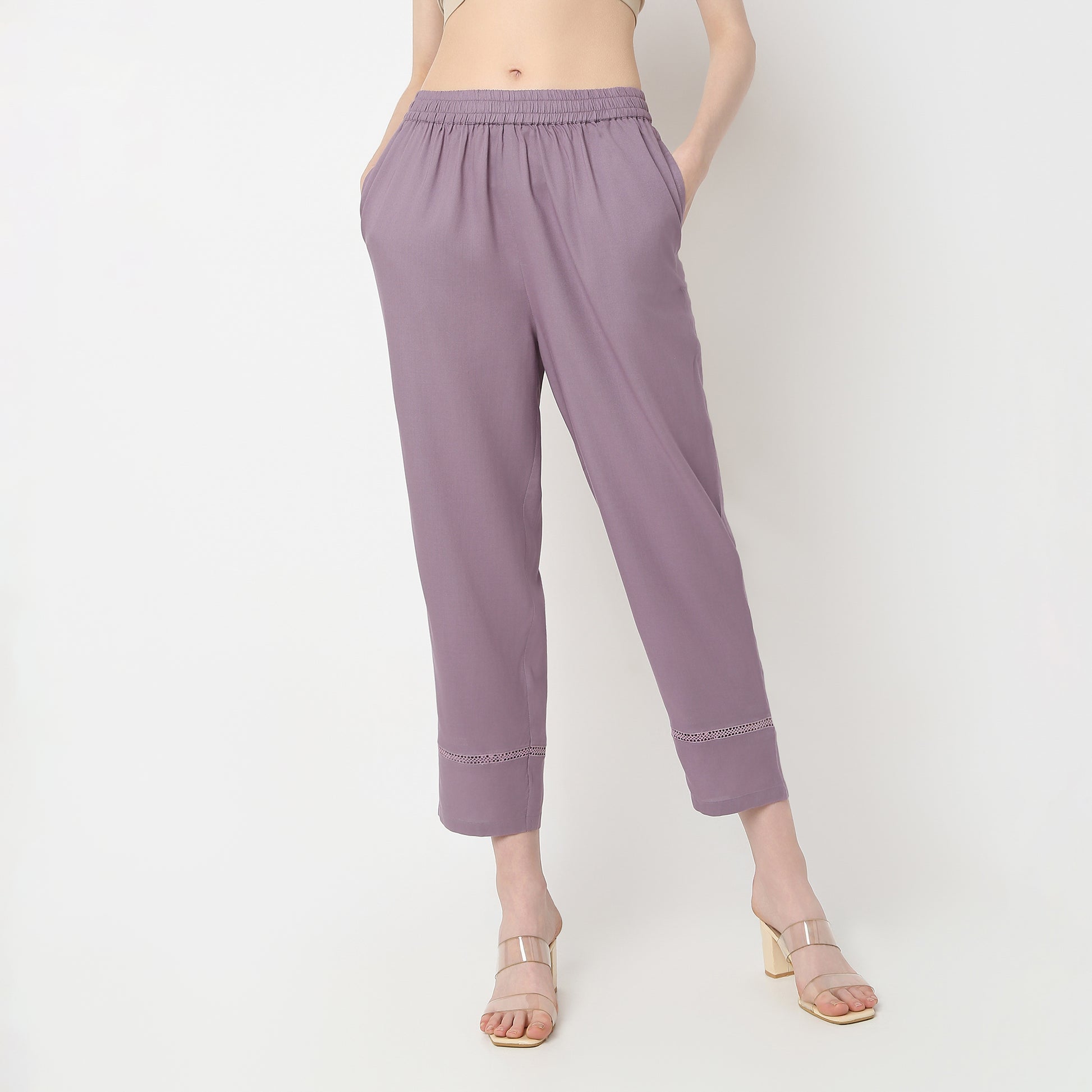 Straight Fit Solid Mid Rise Pants