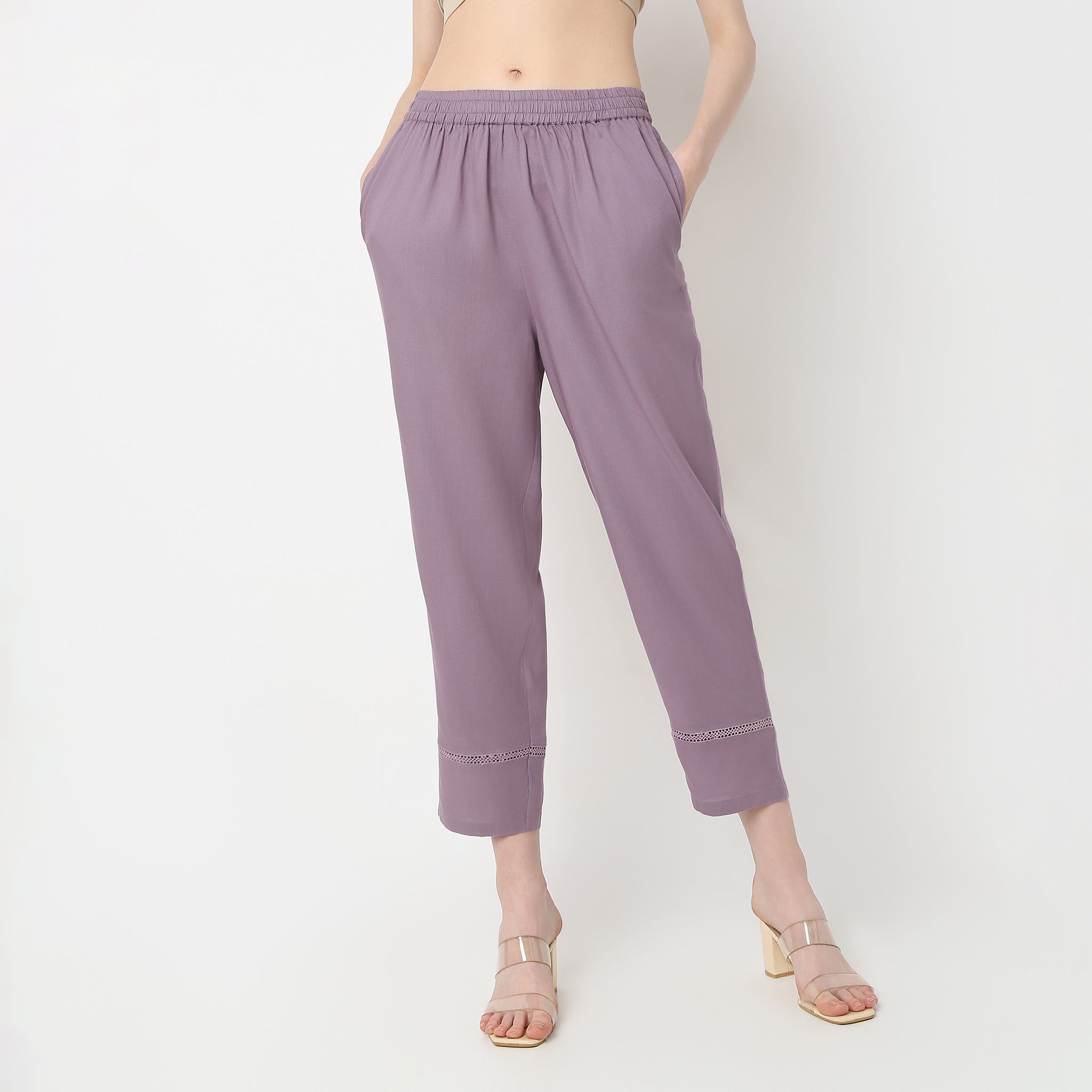 Straight Fit Solid Mid Rise Pants