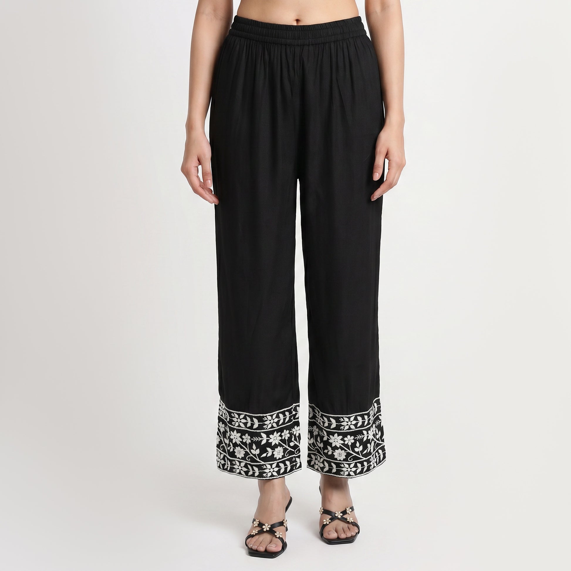 Embroidered Straight Mid Rise Pants