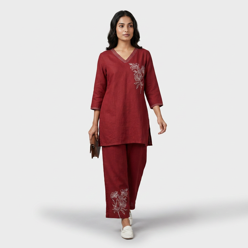 Embroidered Straight Mid Rise Pants