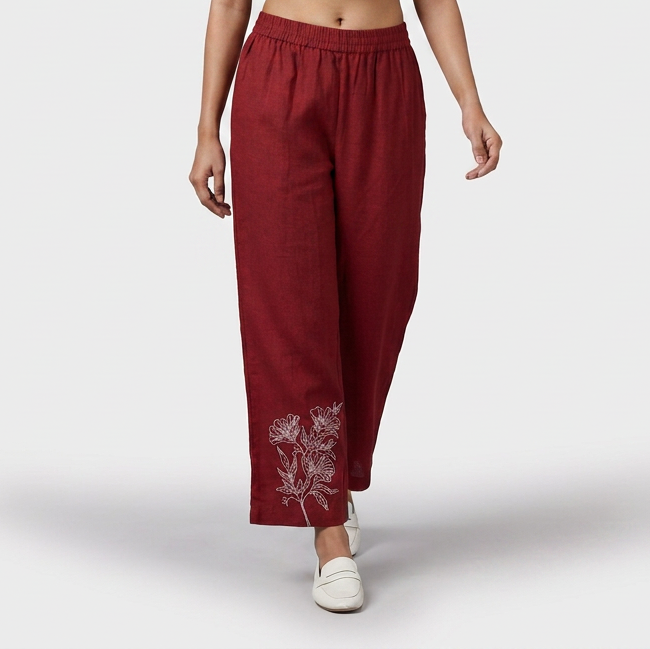 Embroidered Straight Mid Rise Pants
