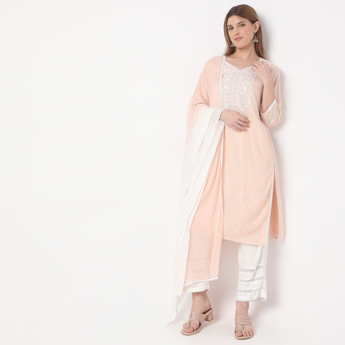 Flare Fit Embroidered Kurta with Pant & Dupatta Set