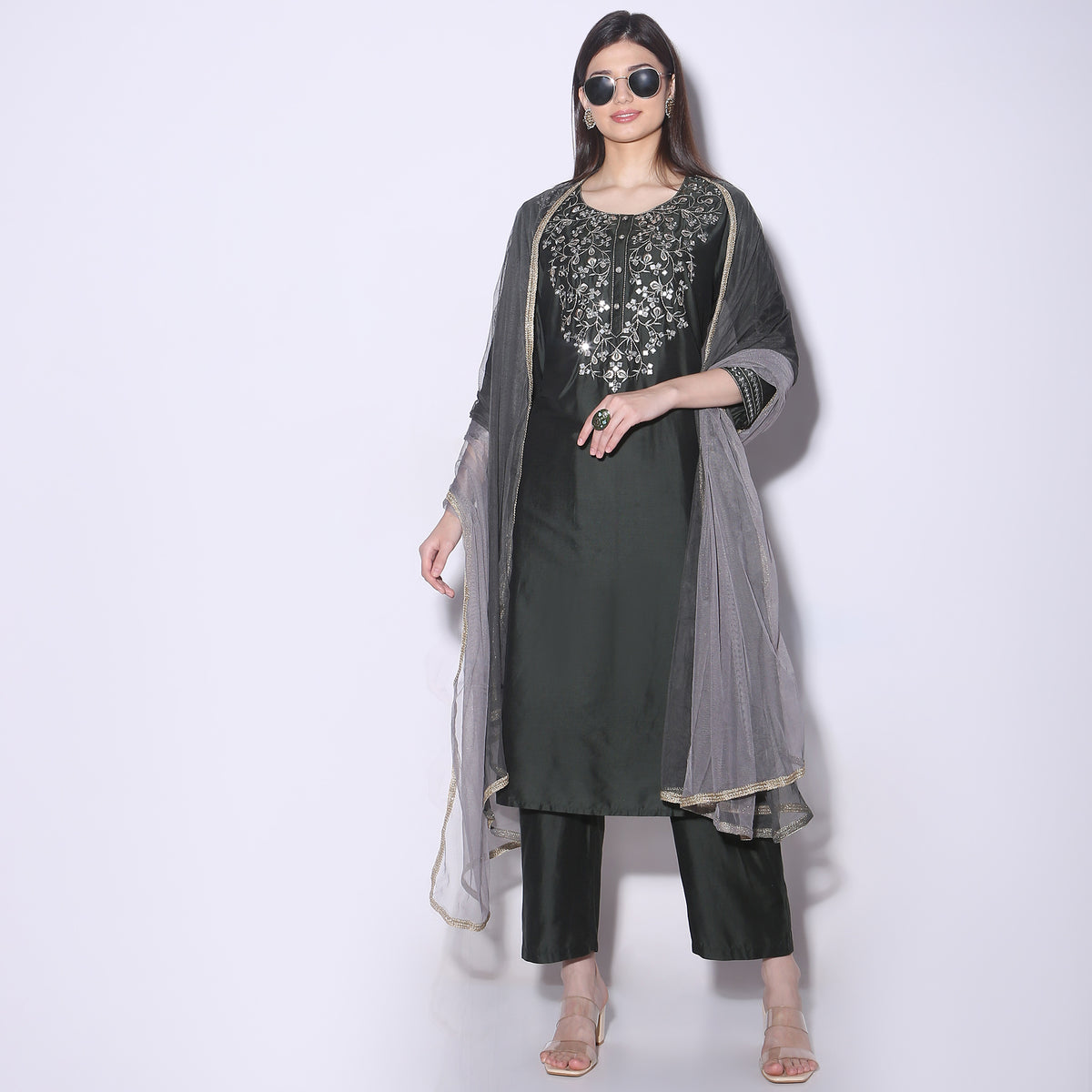 Straight Fit Embellished Kurta and Pant with Dupatta Set