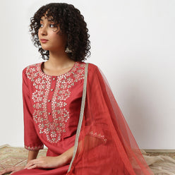 Straight Fit Embellished Kurta and Pant with Dupatta Set