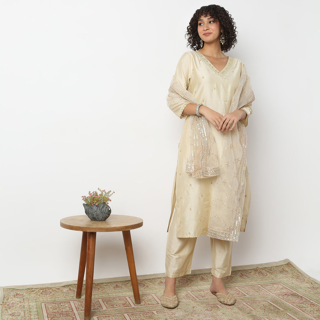 Straight Fit Embroidered Kurta and Pant with Dupatta Set