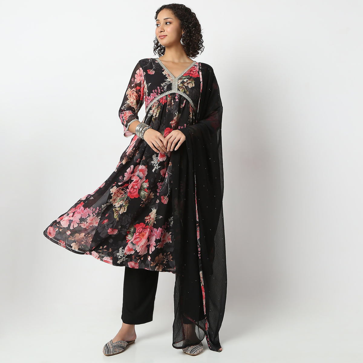 Flare Fit Printed V-Neck Kurta and Pant with Dupatta Set