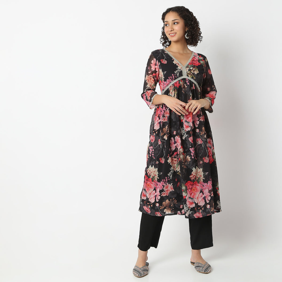 Flare Fit Printed V-Neck Kurta and Pant with Dupatta Set