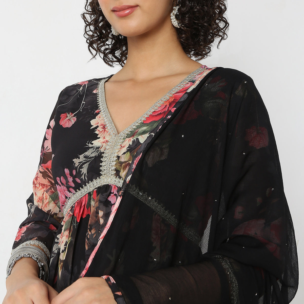 Flare Fit Printed V-Neck Kurta and Pant with Dupatta Set