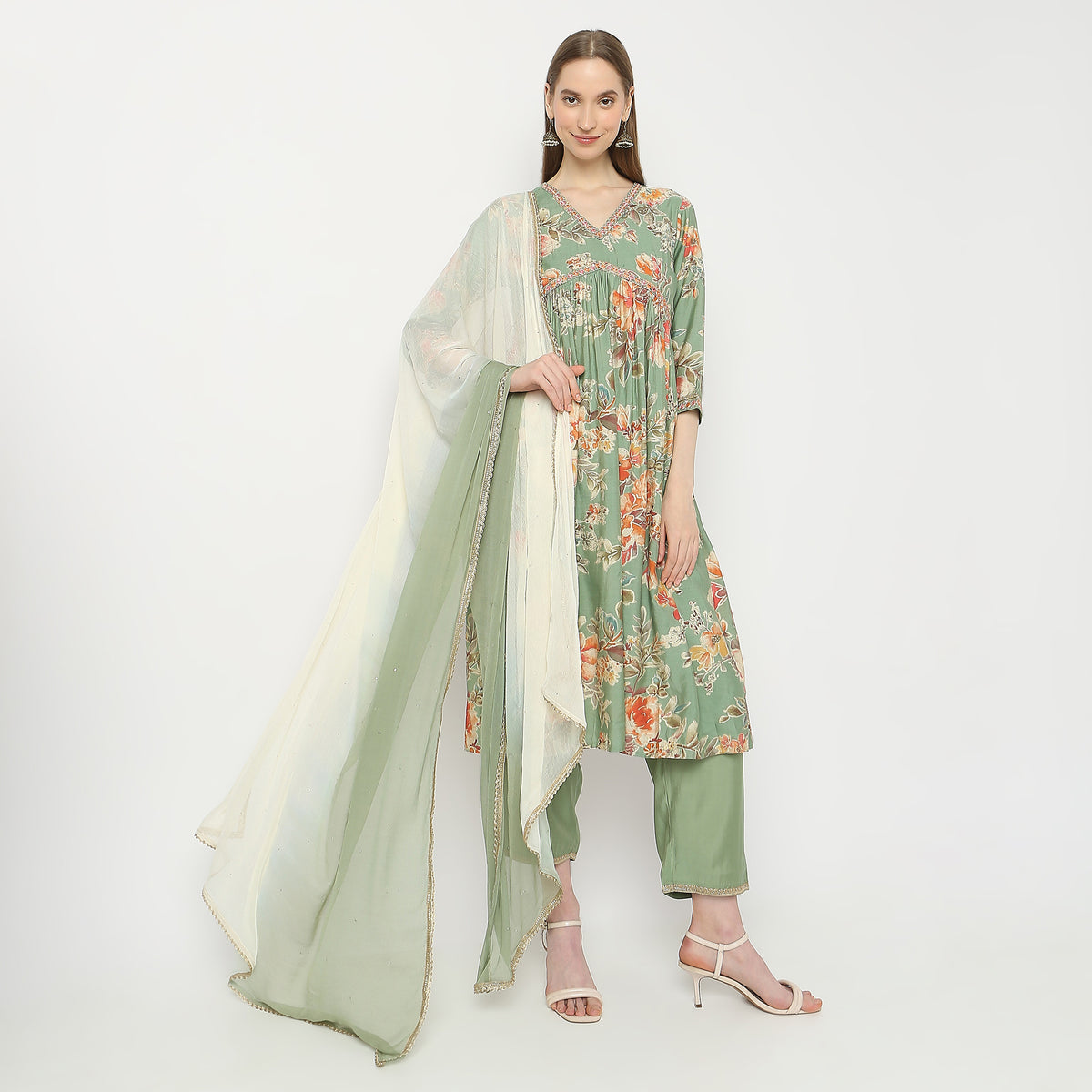 Flare Fit Printed Kurta and Pant with Dupatta Set