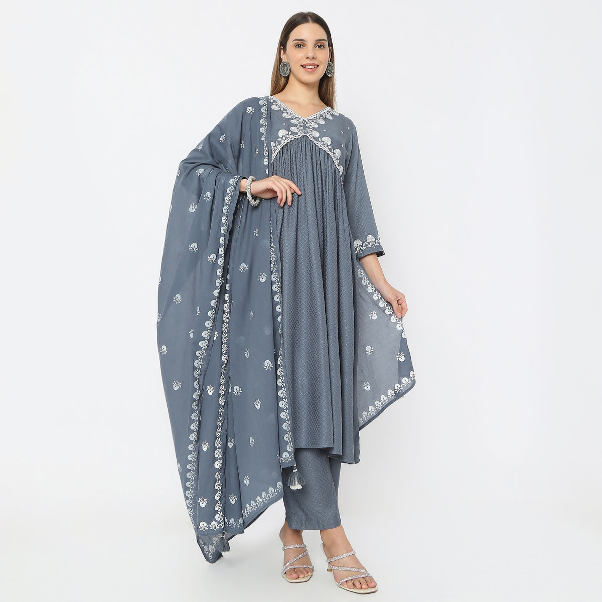 Embroidered V-Neck Traditional A-Line Kurta and Pant with Dupatta Set