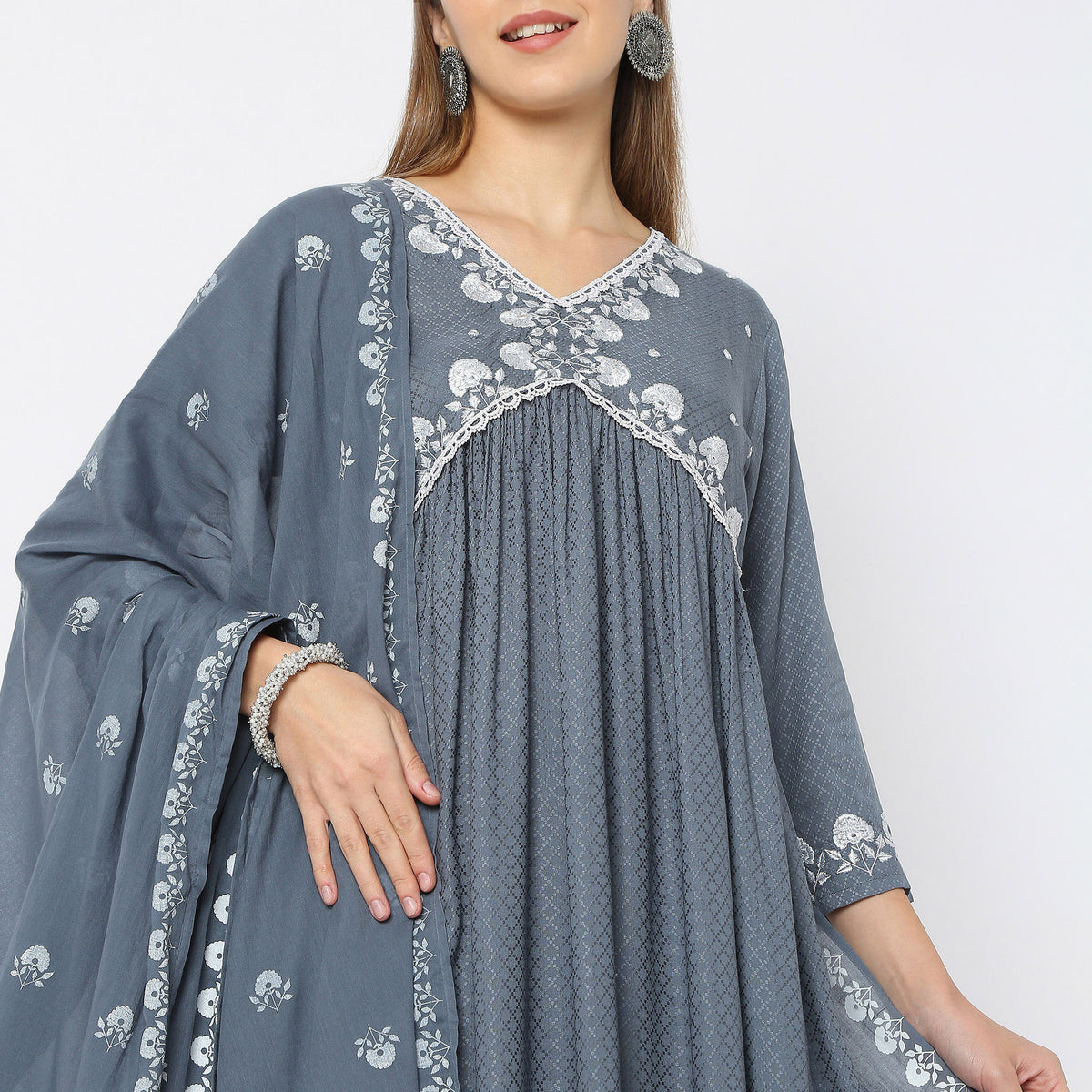 Embroidered V-Neck Traditional A-Line Kurta and Pant with Dupatta Set