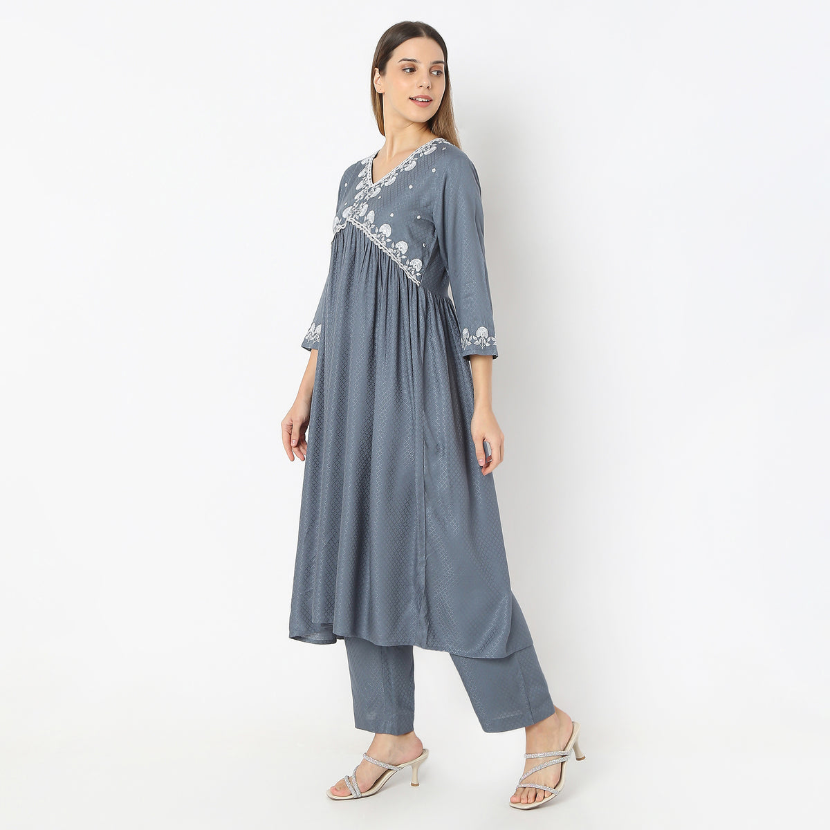 Embroidered V-Neck Traditional A-Line Kurta and Pant with Dupatta Set