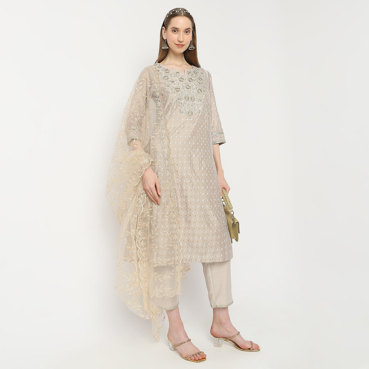 Flare Fit Embroidered Kurta and Pant with Dupatta Set