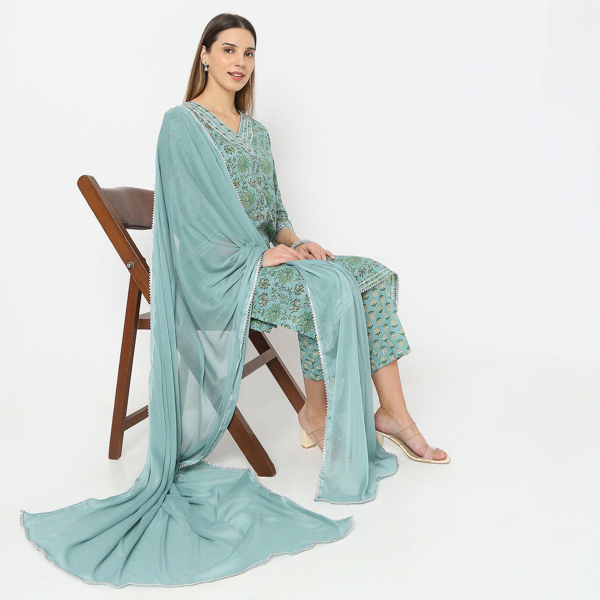 Printed V-Neck Handcrafted Elegance Flare Fit Kurta and Pant with Dupatta Set