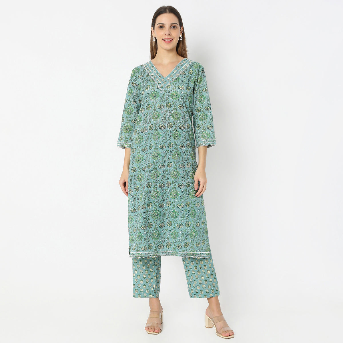 Printed V-Neck Handcrafted Elegance Flare Fit Kurta and Pant with Dupatta Set