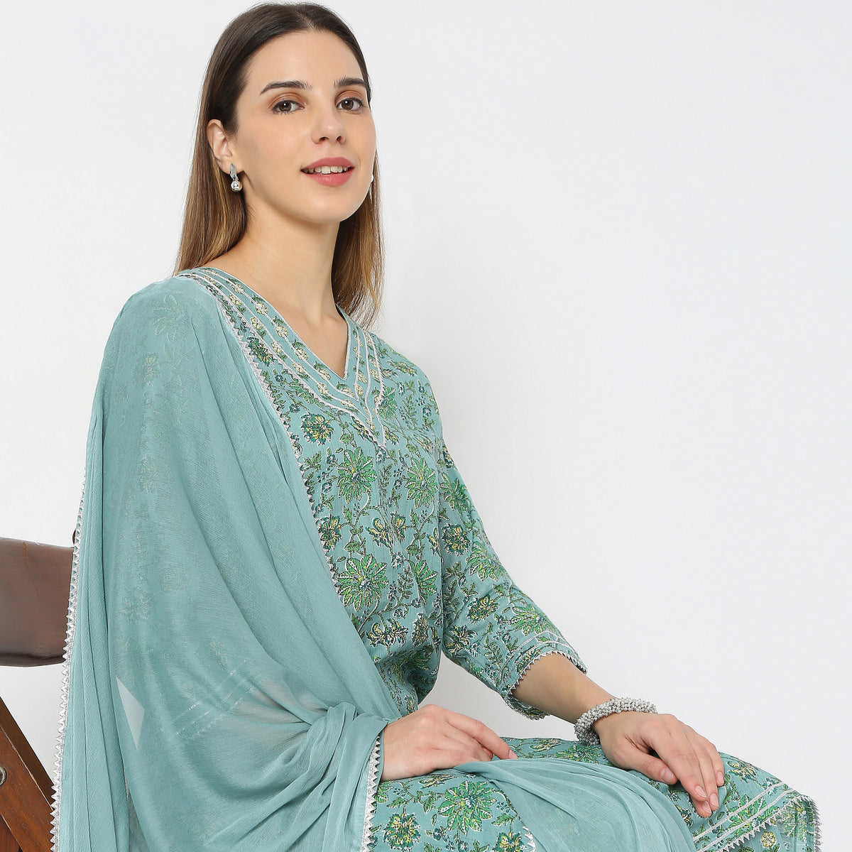 Printed V-Neck Handcrafted Elegance Flare Fit Kurta and Pant with Dupatta Set