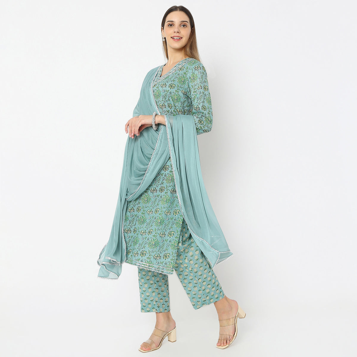 Printed V-Neck Handcrafted Elegance Flare Fit Kurta and Pant with Dupatta Set