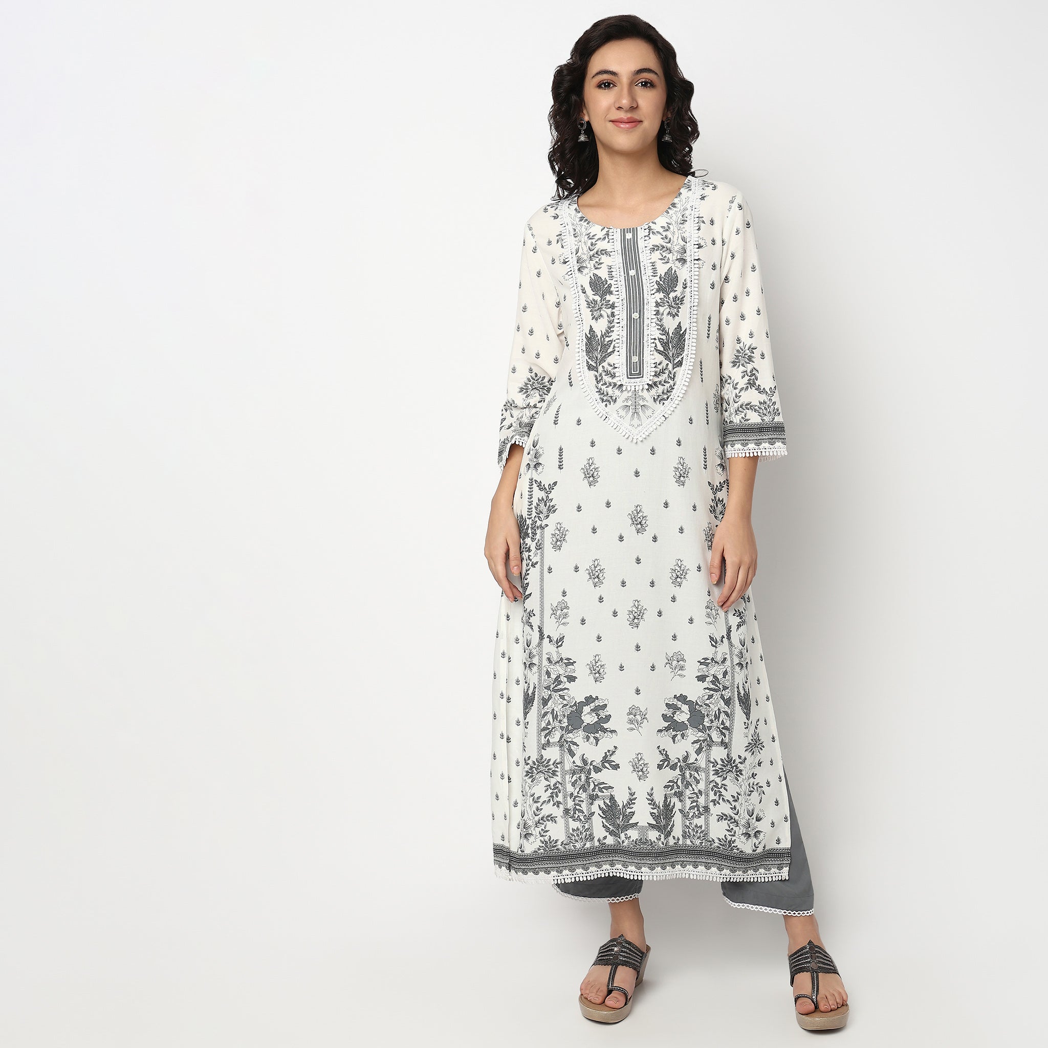 Buy Women Flare Fit Printed Three-Fourth Sleeve Kurta and Pant with Dupatta Set  - Style Union