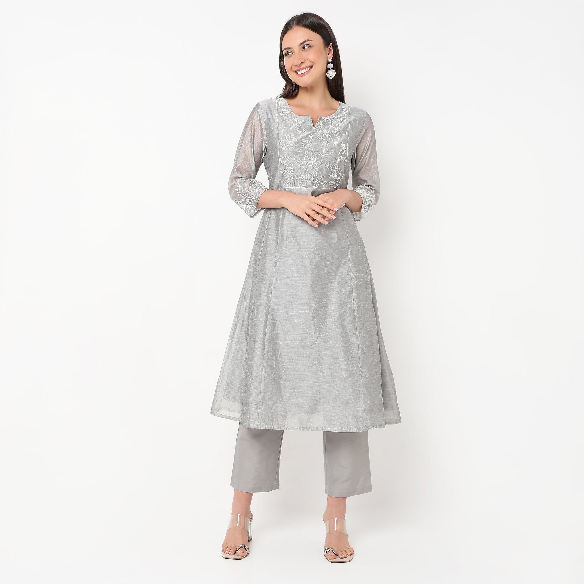 Flare Fit Embroidered Kurta and Pant with Dupatta Set