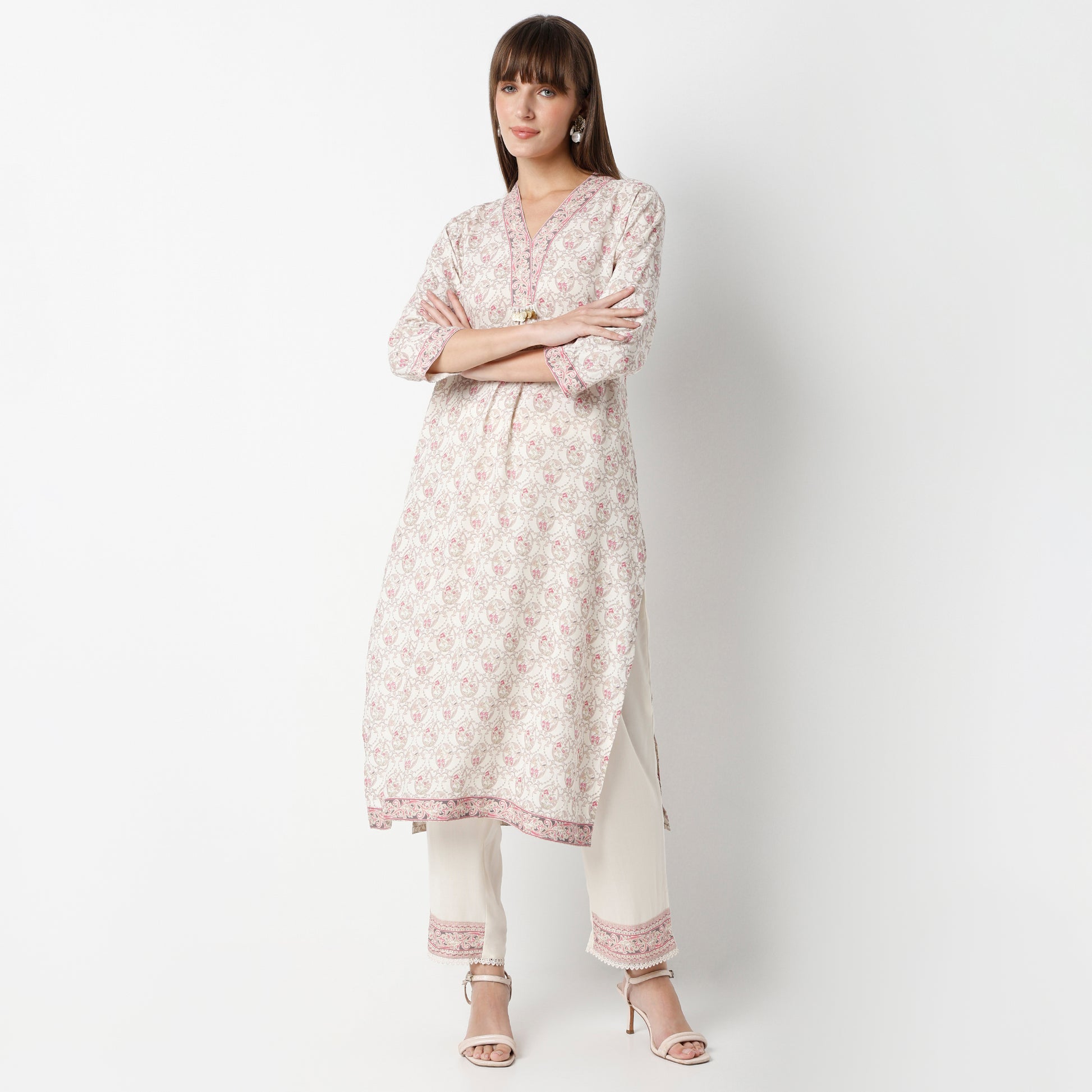 Flare Fit Printed Round Neck Kurta and Pant with Dupatta Set