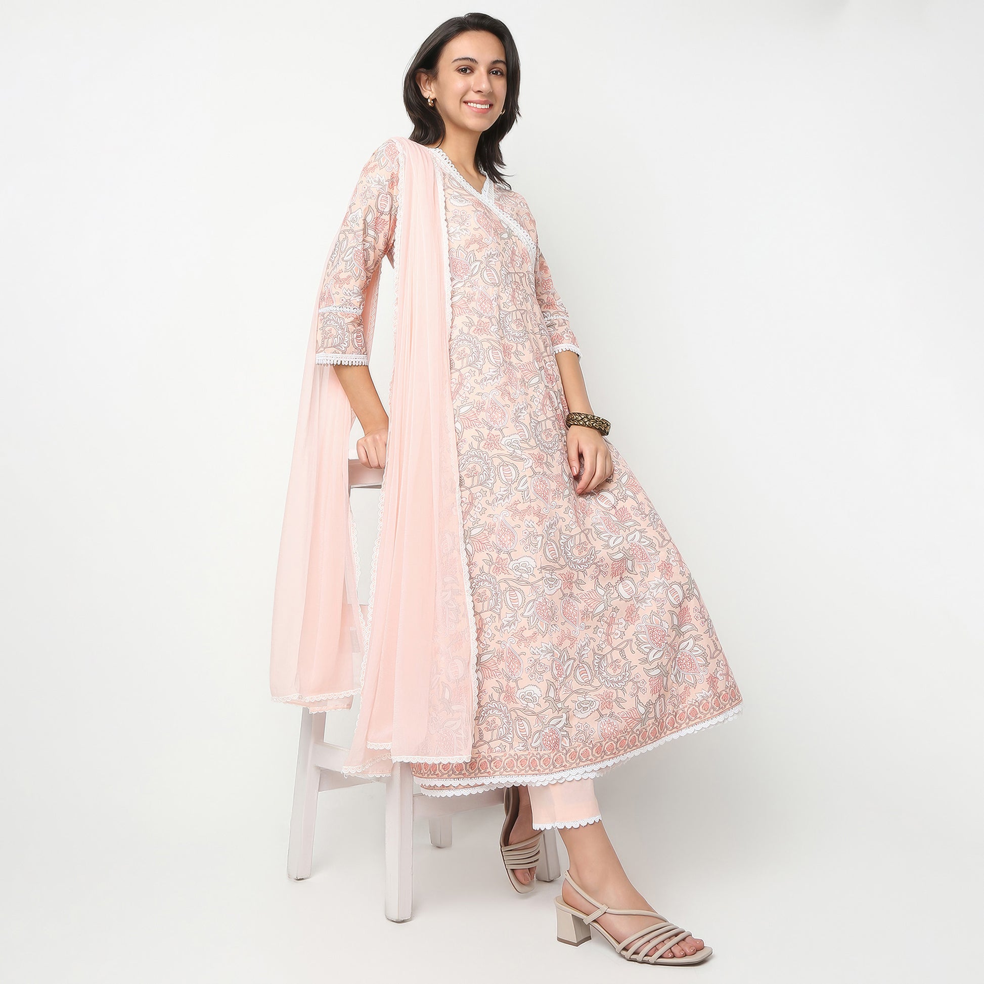 Flare Fit Printed V-Neck Kurta and Pant with Dupatta Set