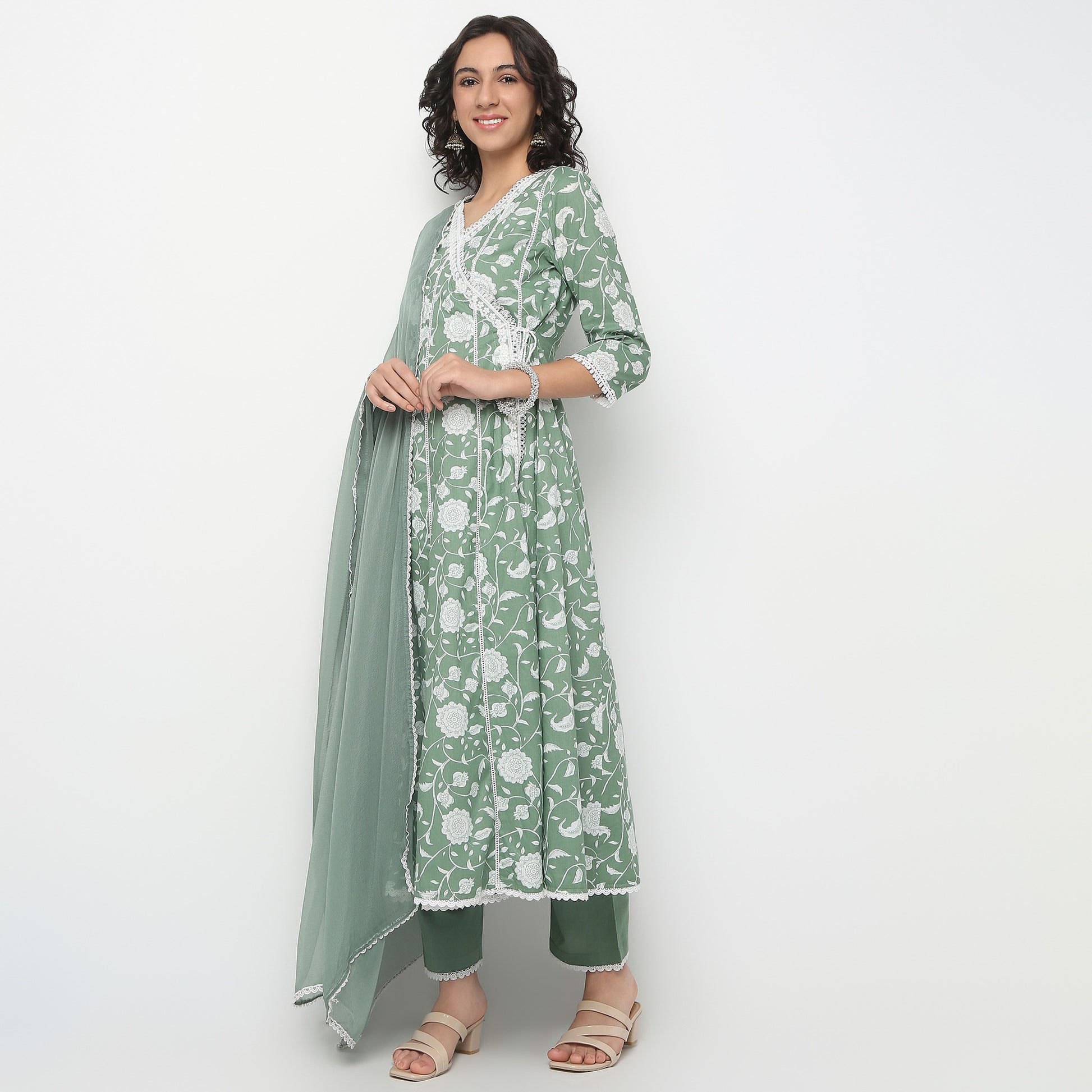 Flare Fit Printed V-Neck Kurta and Pant with Dupatta Set