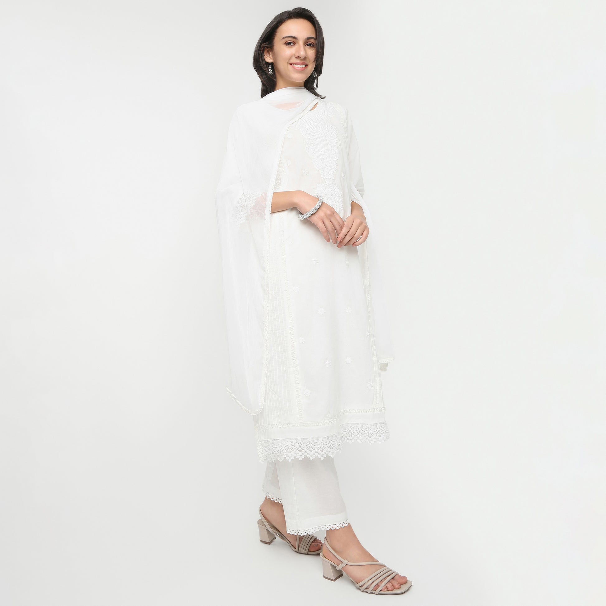 Straight Fit Embroidered Round Neck Kurta and Pant with Dupatta Set
