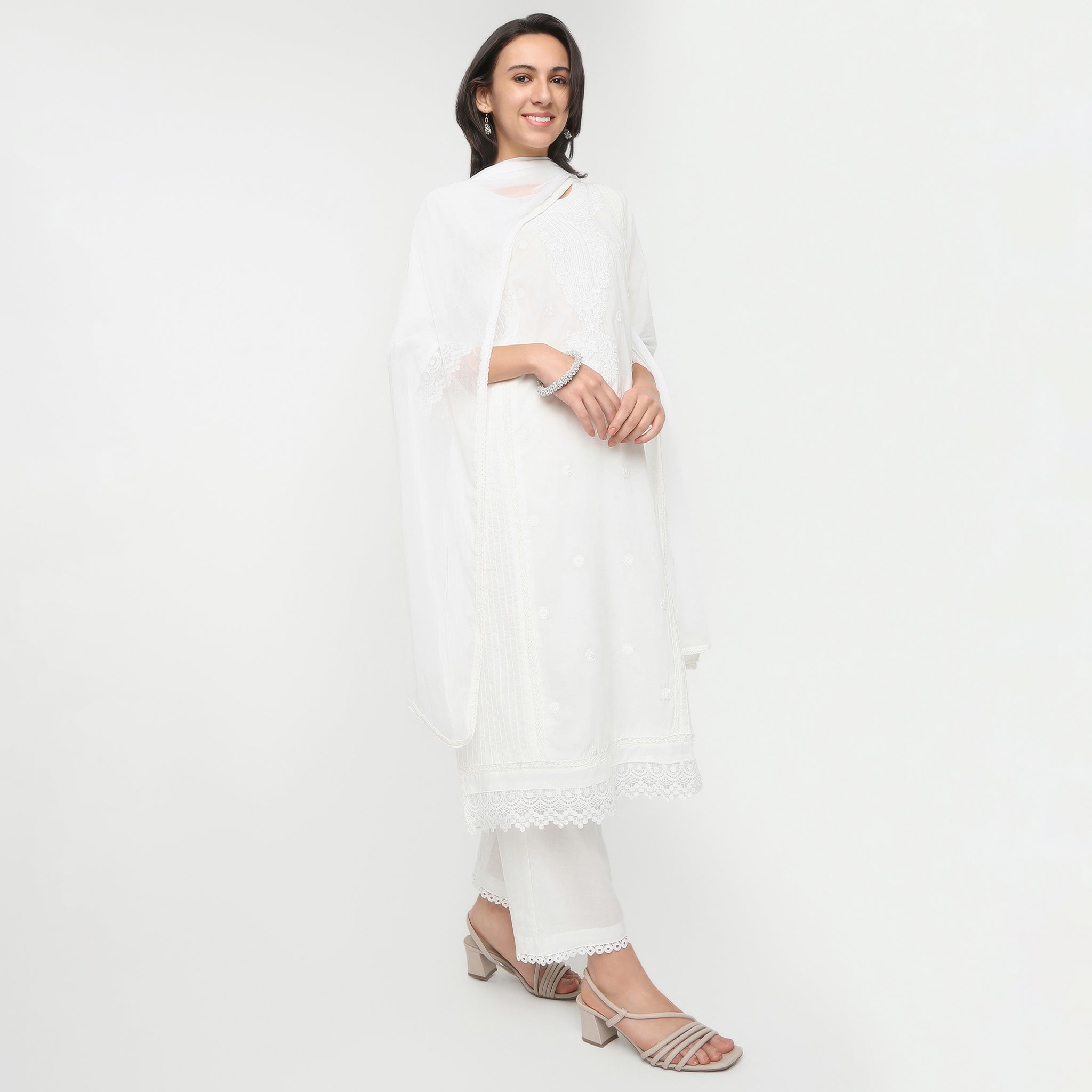 Straight Fit Embroidered Round Neck Kurta and Pant with Dupatta Set