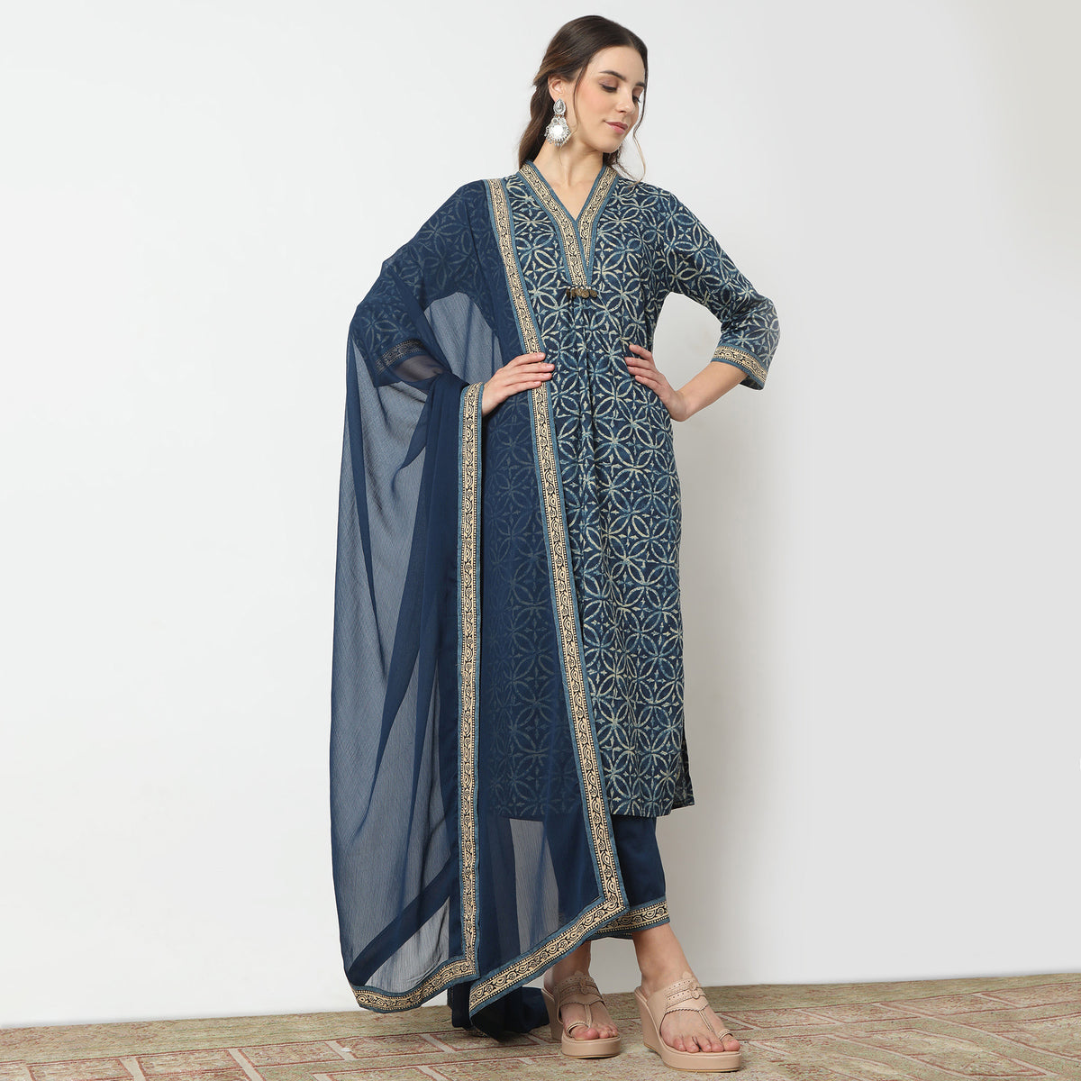 Regular Fit Printed V-Neck Kurta and Pant with Dupatta Set