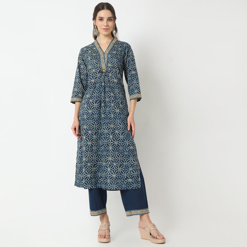 Regular Fit Printed V-Neck Kurta and Pant with Dupatta Set