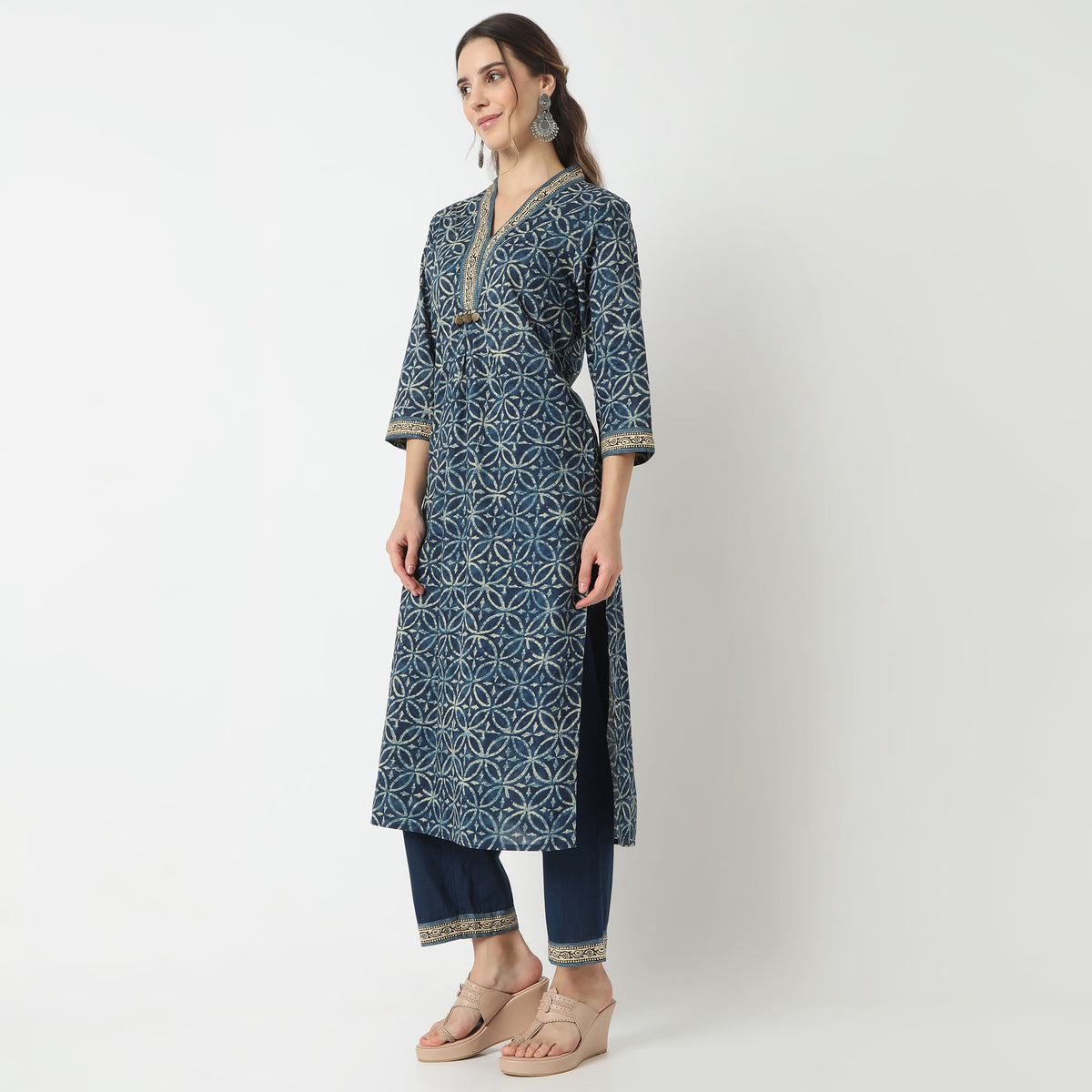 Regular Fit Printed V-Neck Kurta and Pant with Dupatta Set