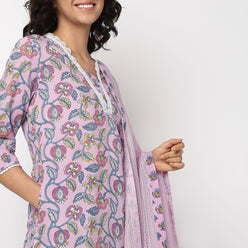 Buy Women Flare Fit Printed Three-Fourth Sleeve Kurta and Pant with Dupatta Set  - Style Union