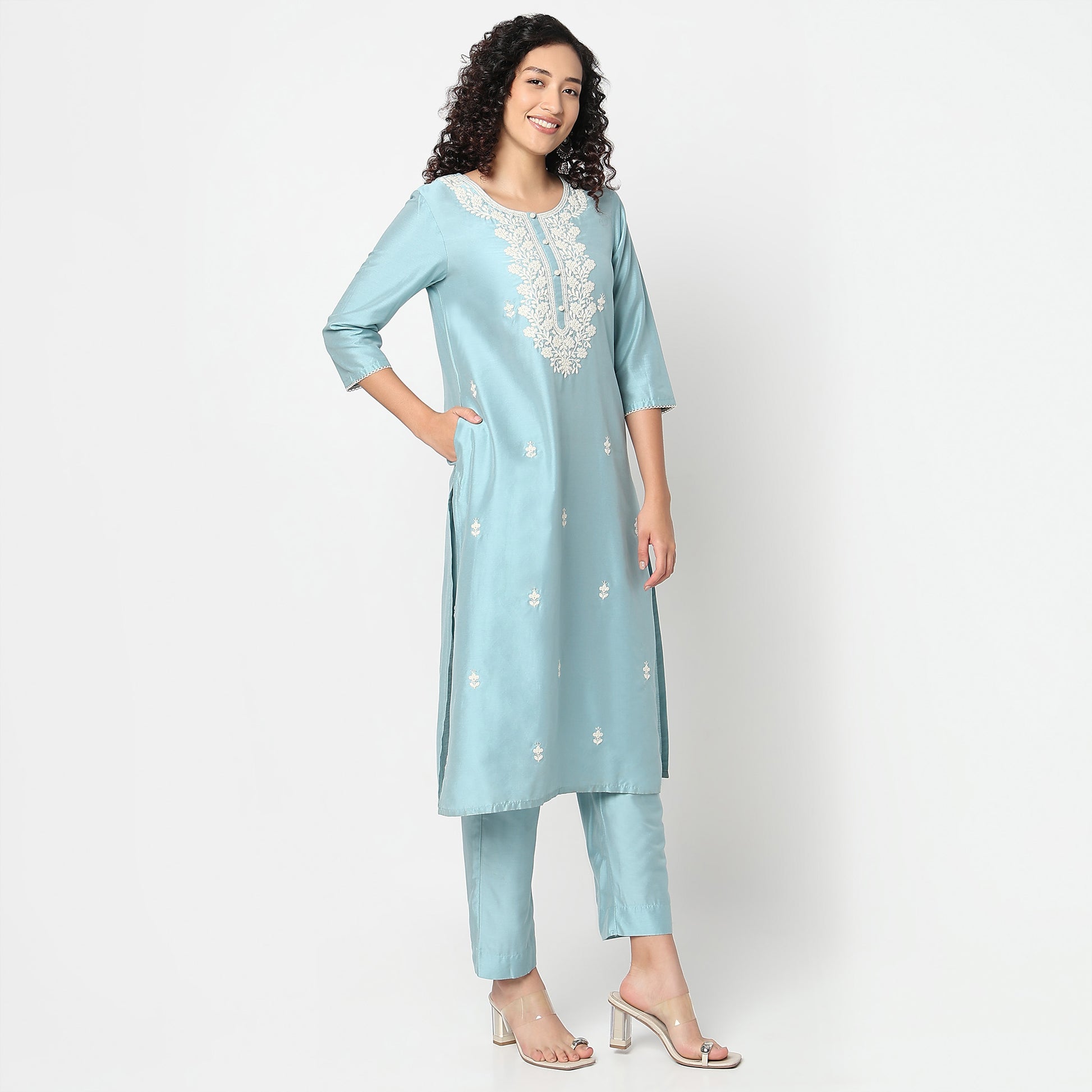 Straight Fit Embroidered Round Neck Kurta and Pant with Dupatta Set