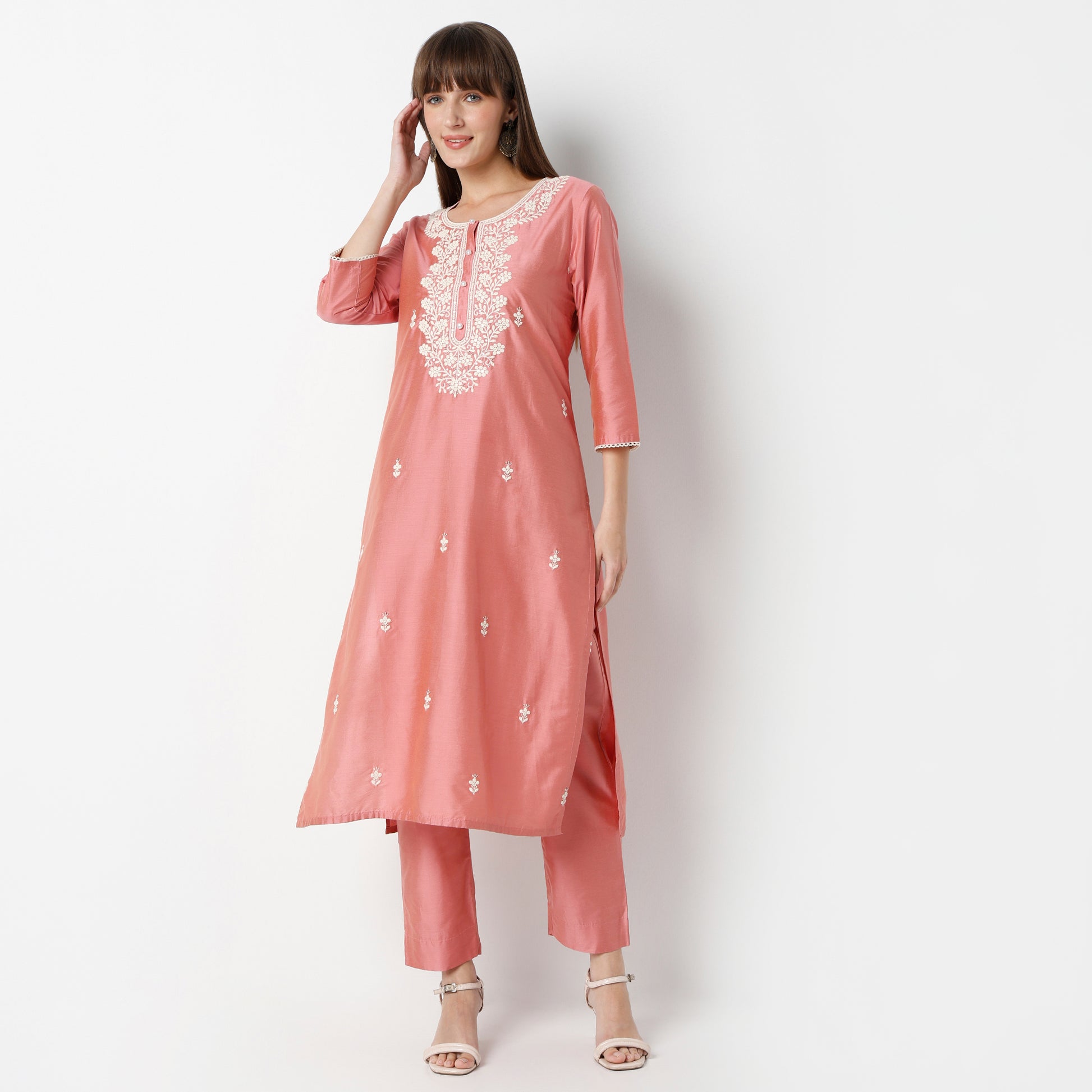 Straight Fit Embroidered Round Neck Kurta and Pant with Dupatta Set