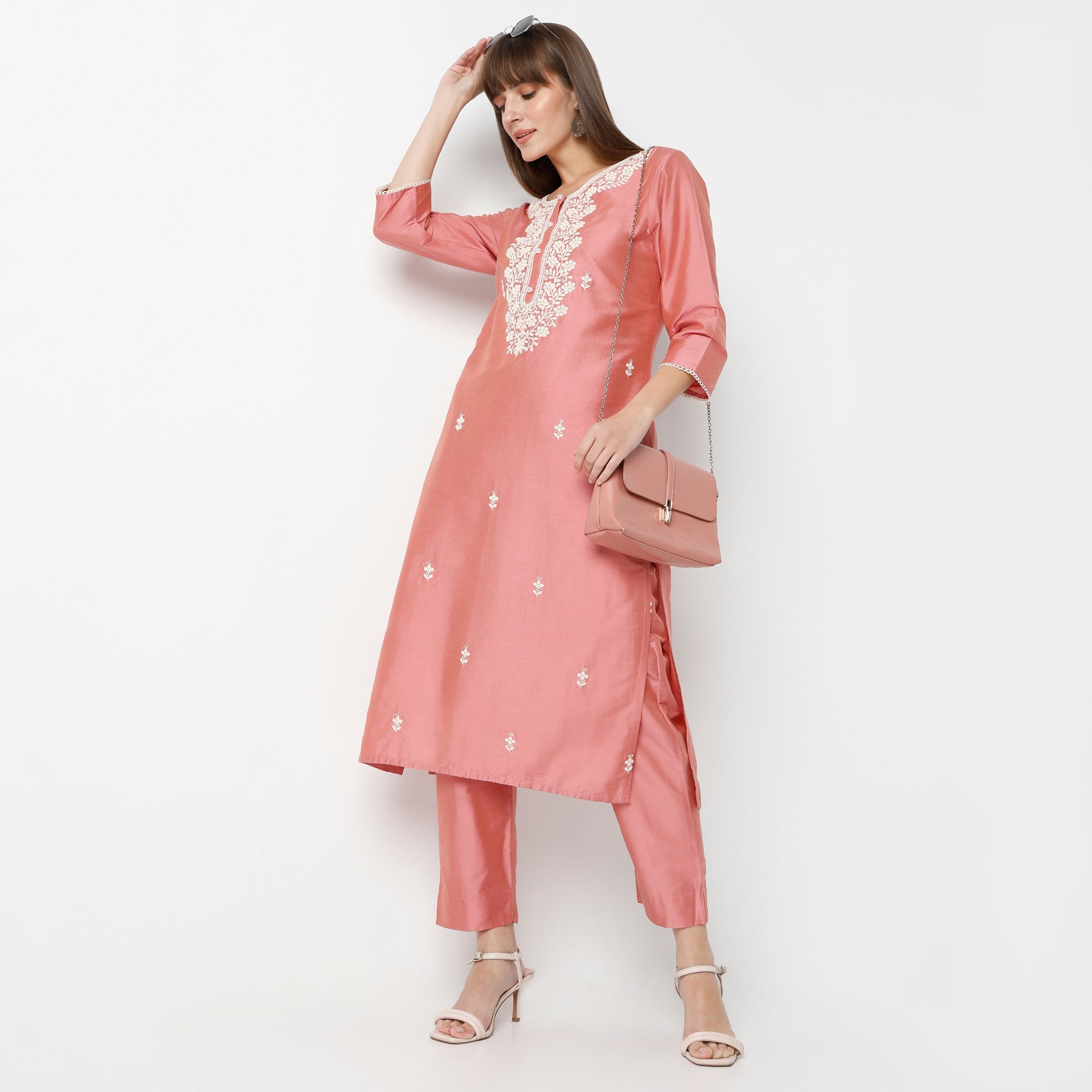 Straight Fit Embroidered Round Neck Kurta and Pant with Dupatta Set